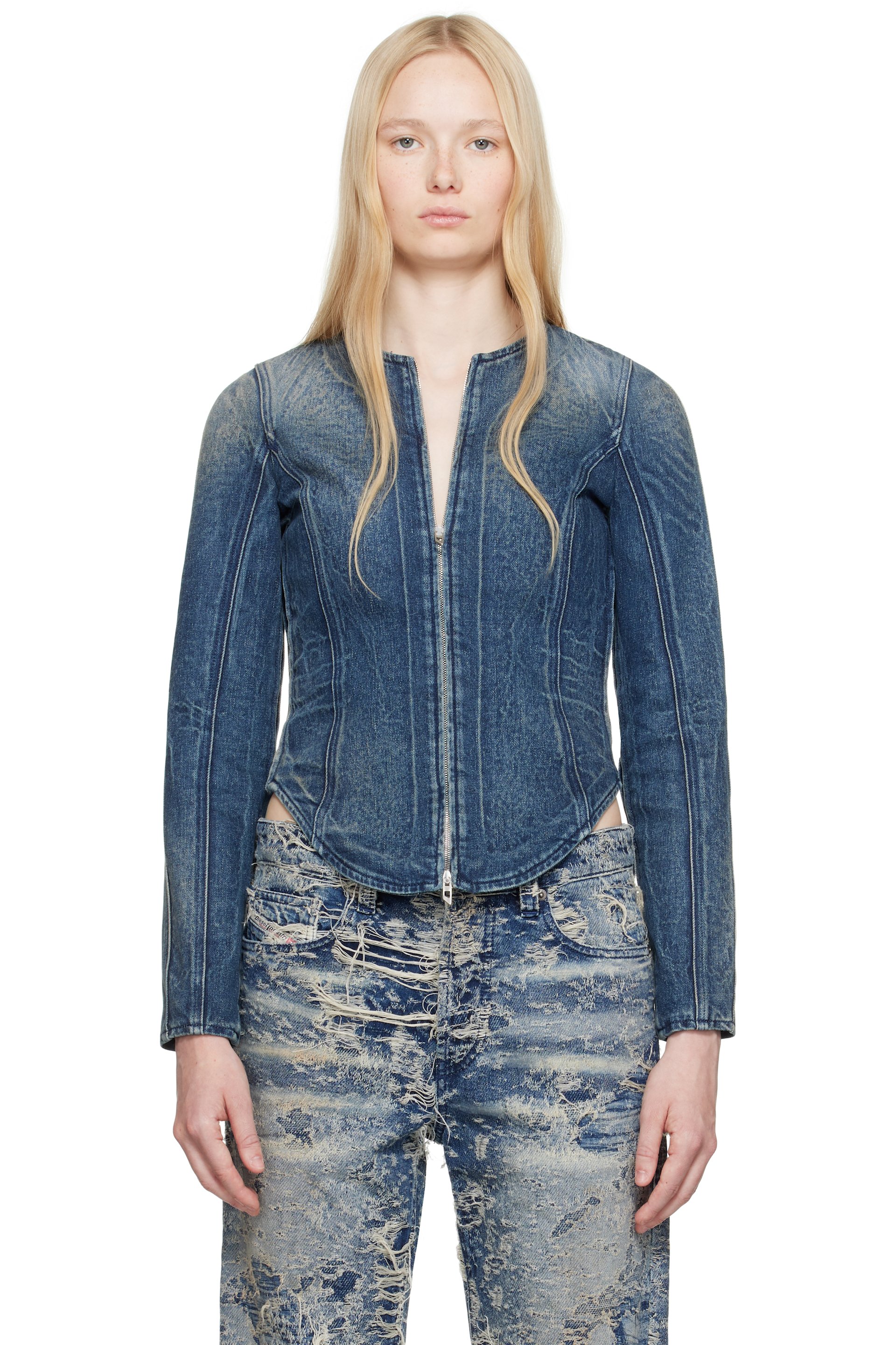 Diesel - Blouson Gary bleu marine en denim à effet usé