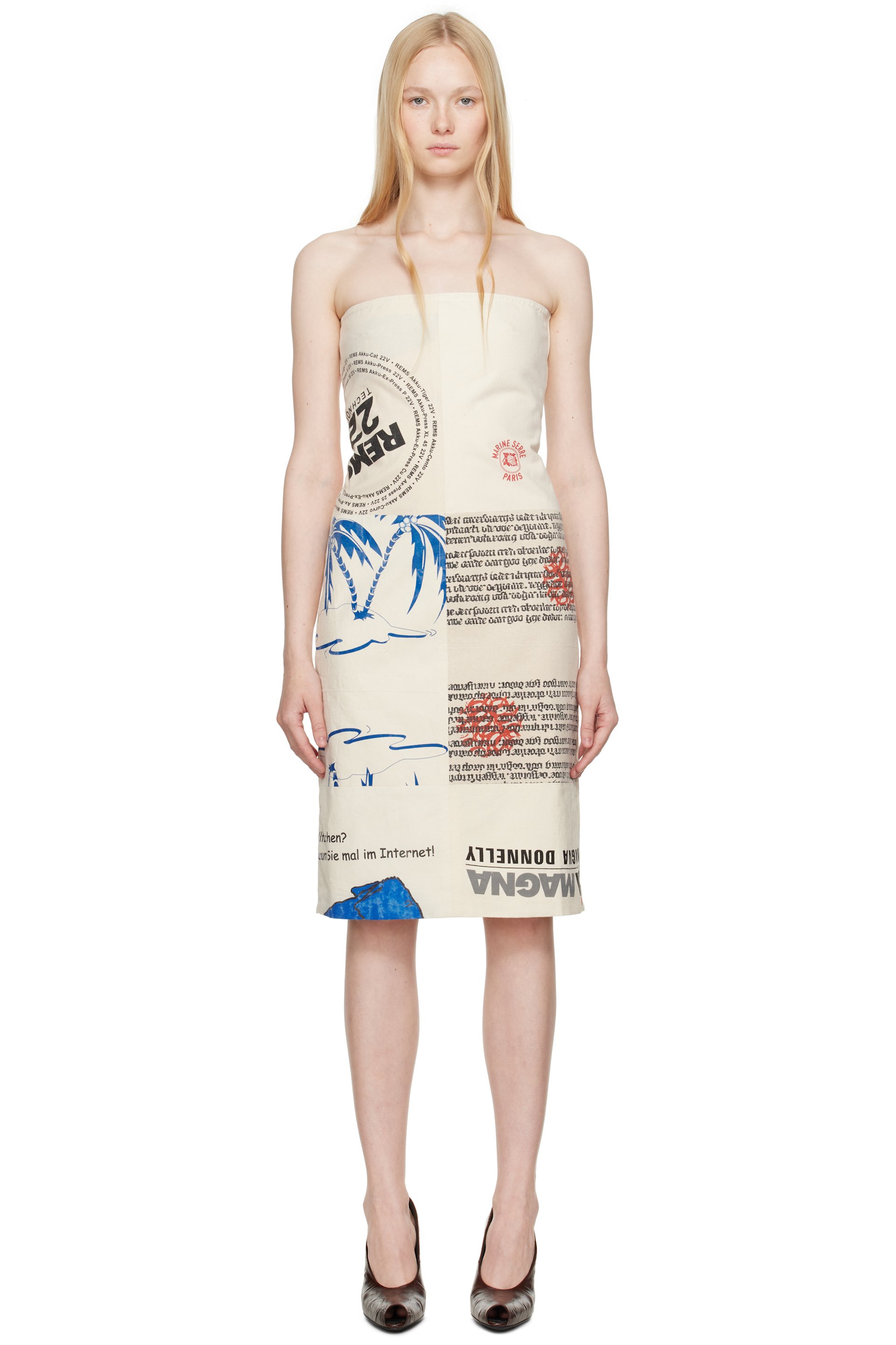 Marine Serre - Robe midi de style bustier beige en cabas régénérés