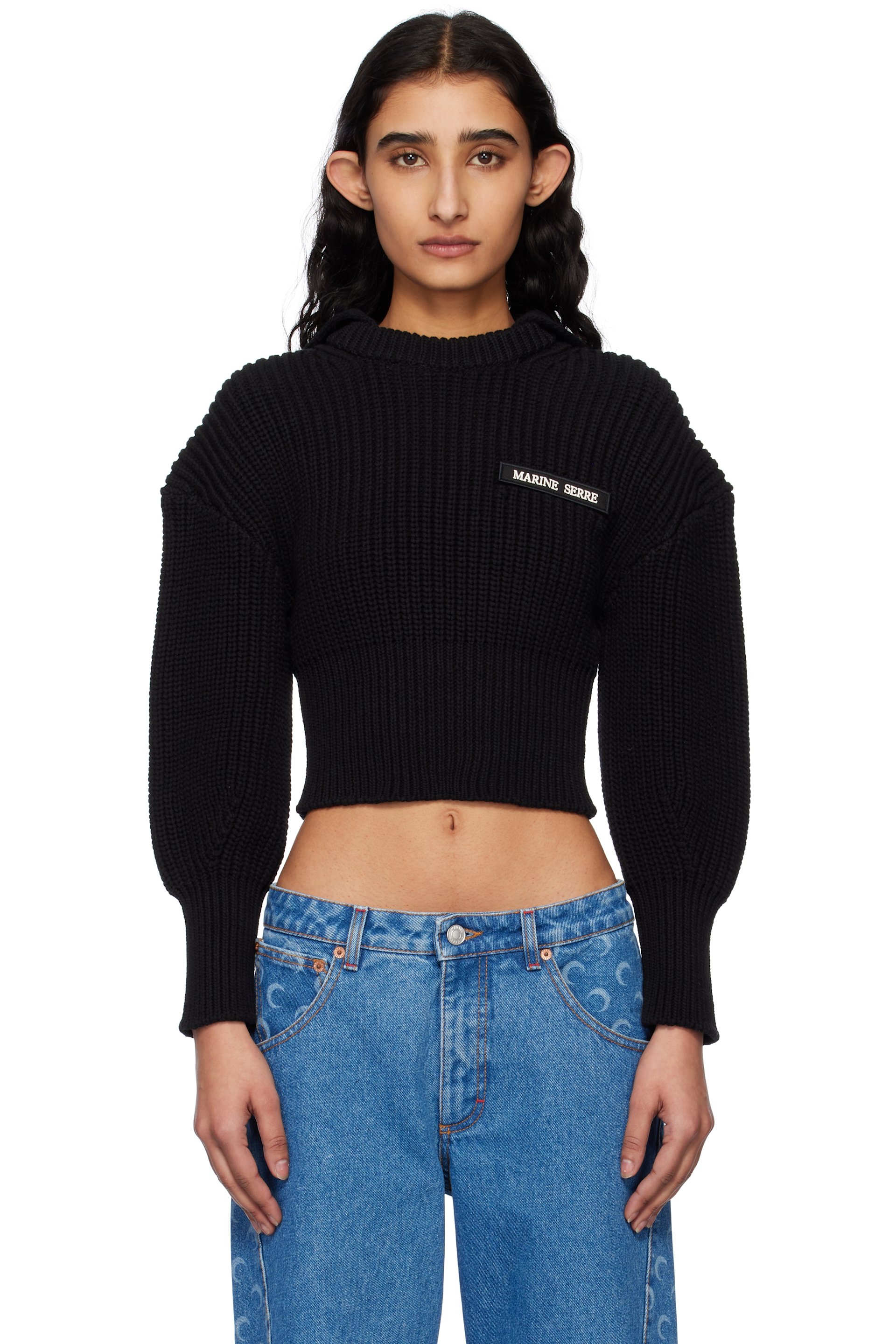 Marine Serre - Pull noir en tricot à côte perlée à col marin