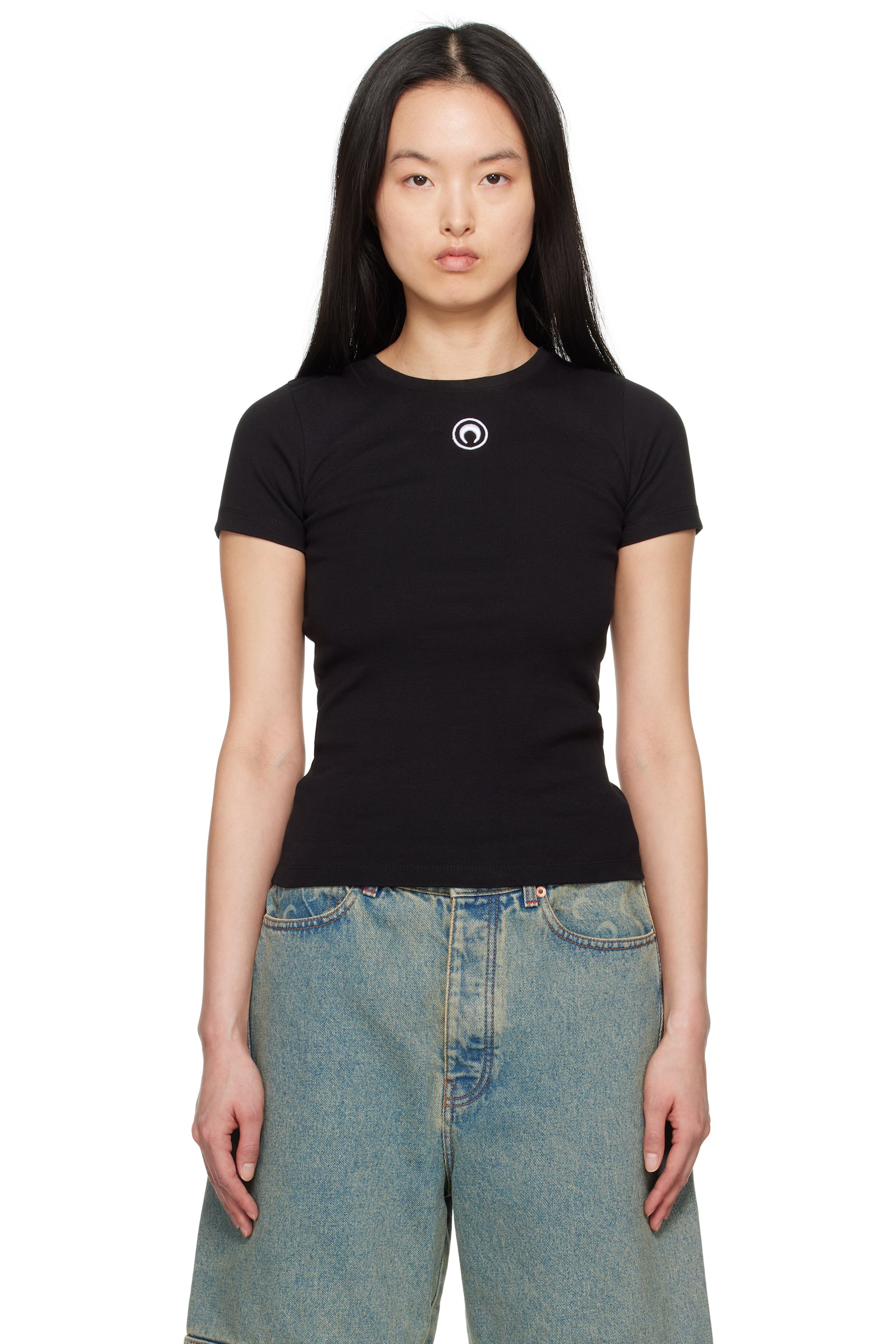 Marine Serre - Micro t-shirt noir en jersey à logo - Borderline