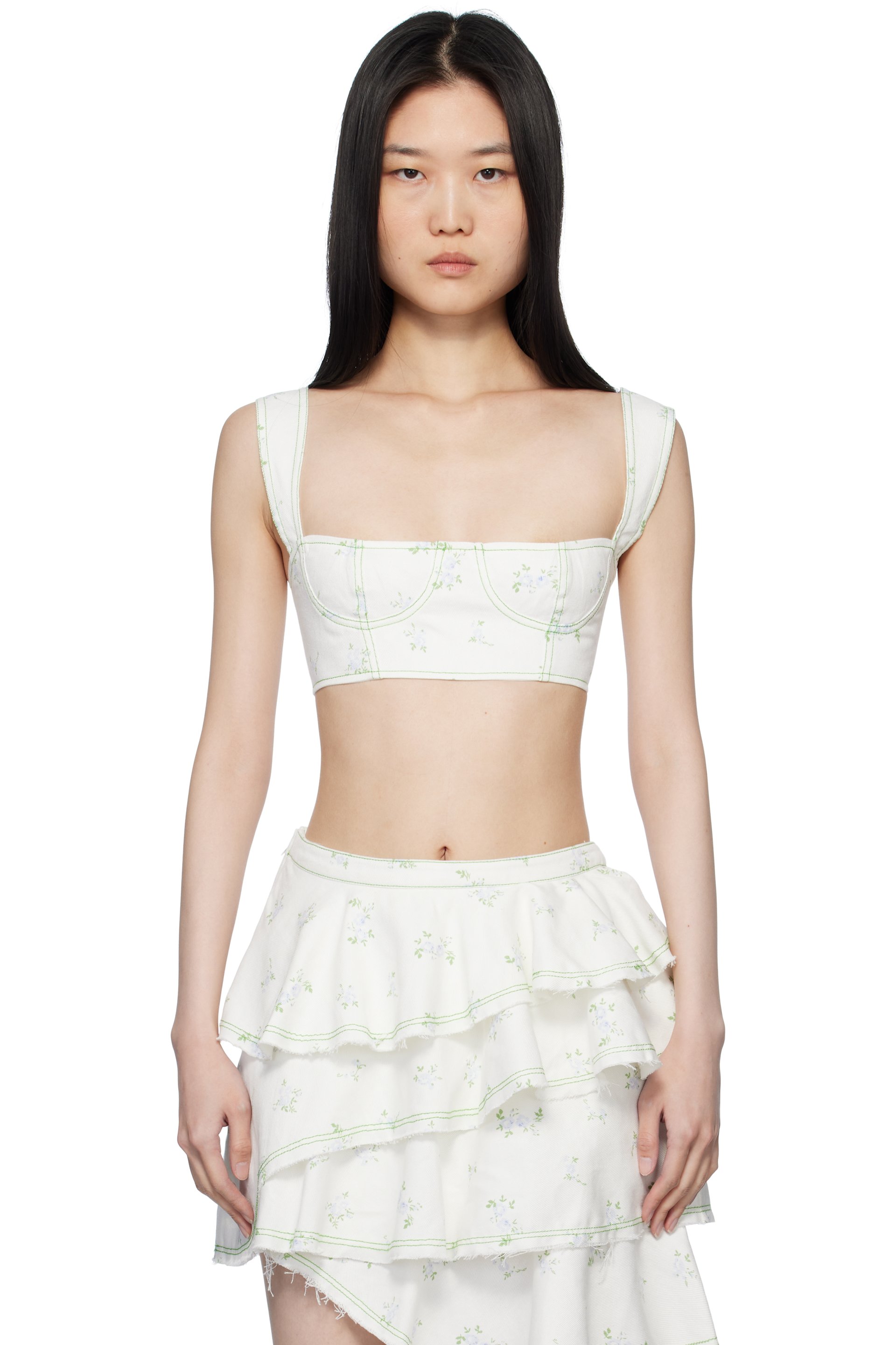 Yuhan Wang - Haut blanc en denim à motif fleuri exclusif à SSENSE