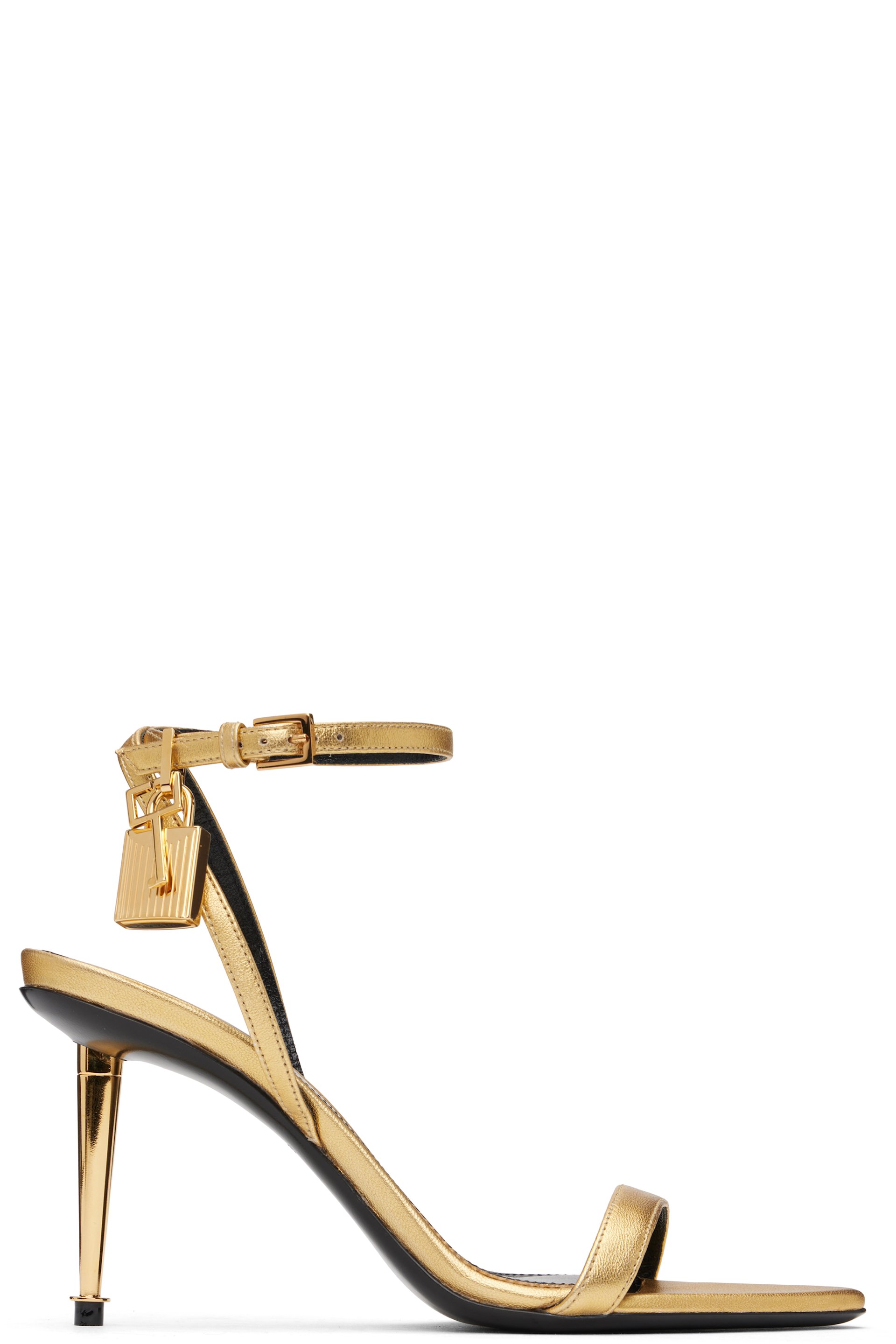 TOM FORD - Sandales à talon aiguille dorées à bout pointu et à cadenas