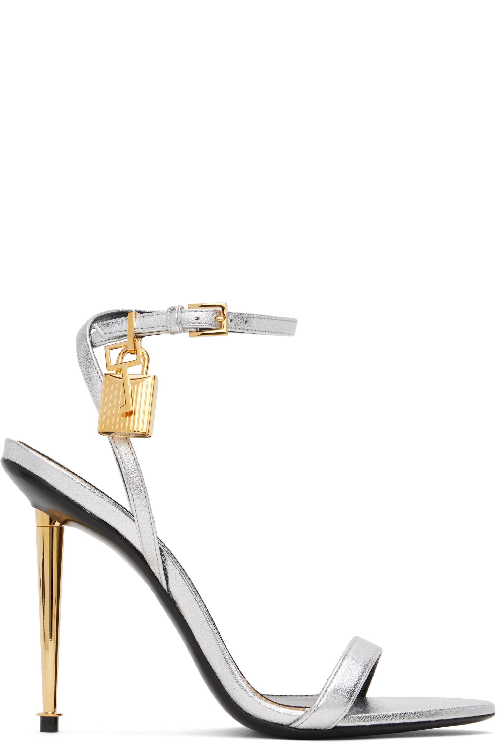 TOM FORD - Sandales à talon aiguille argentées à bout pointu et à cadenas