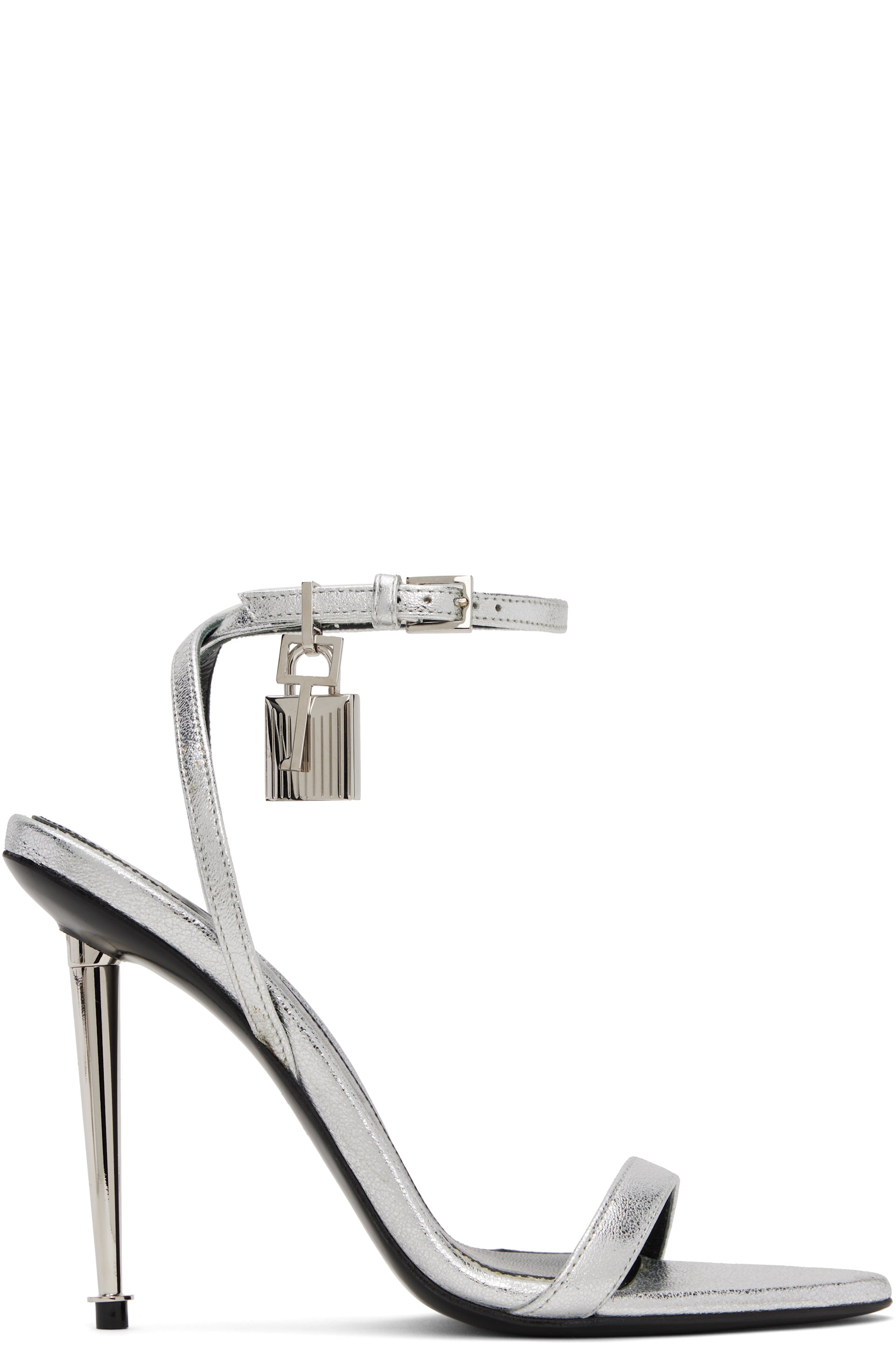 TOM FORD - Sandales à talon aiguille argentées à bout pointu et à cadenas