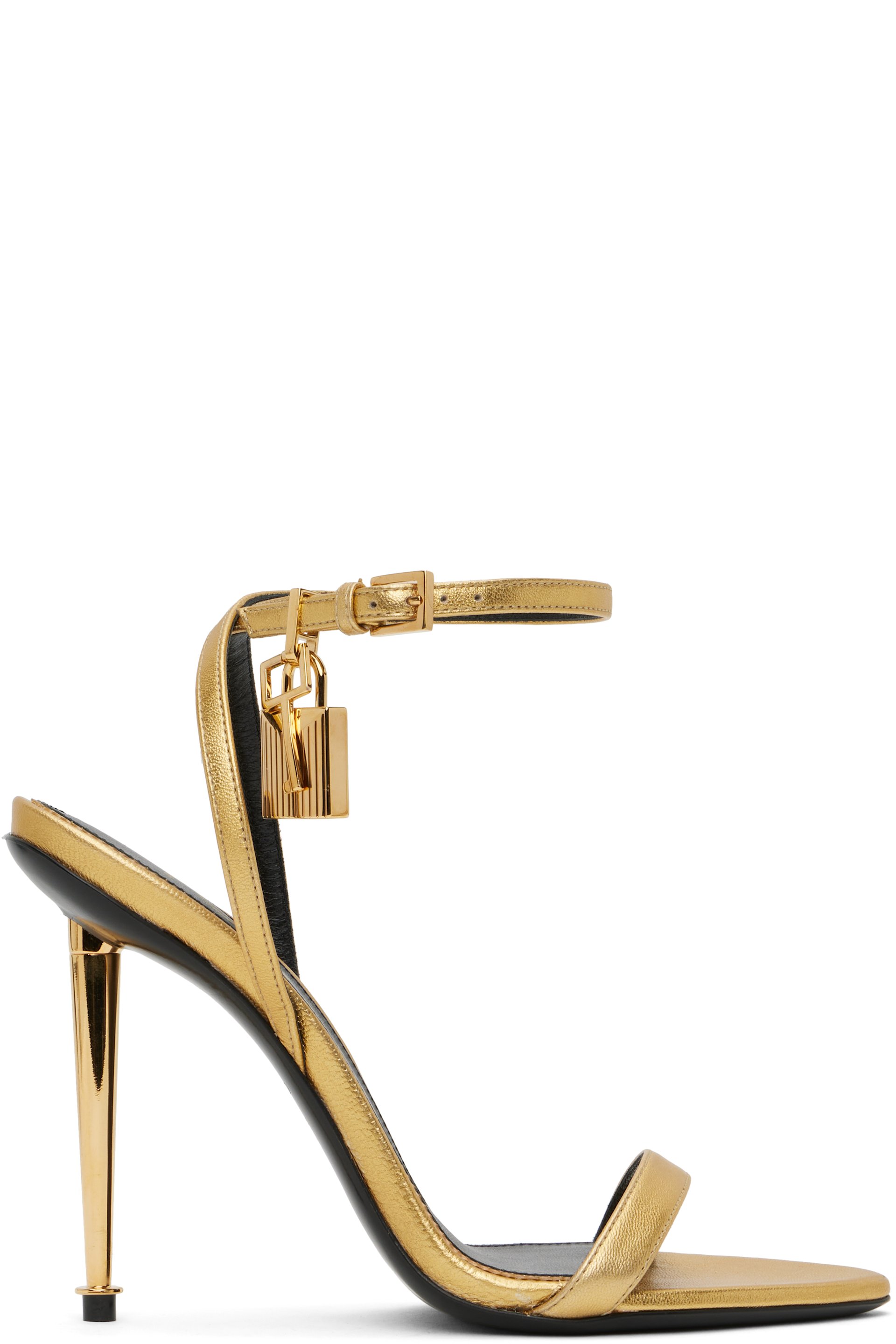 TOM FORD - Sandales à talon aiguille dorées à bout pointu et à cadenas