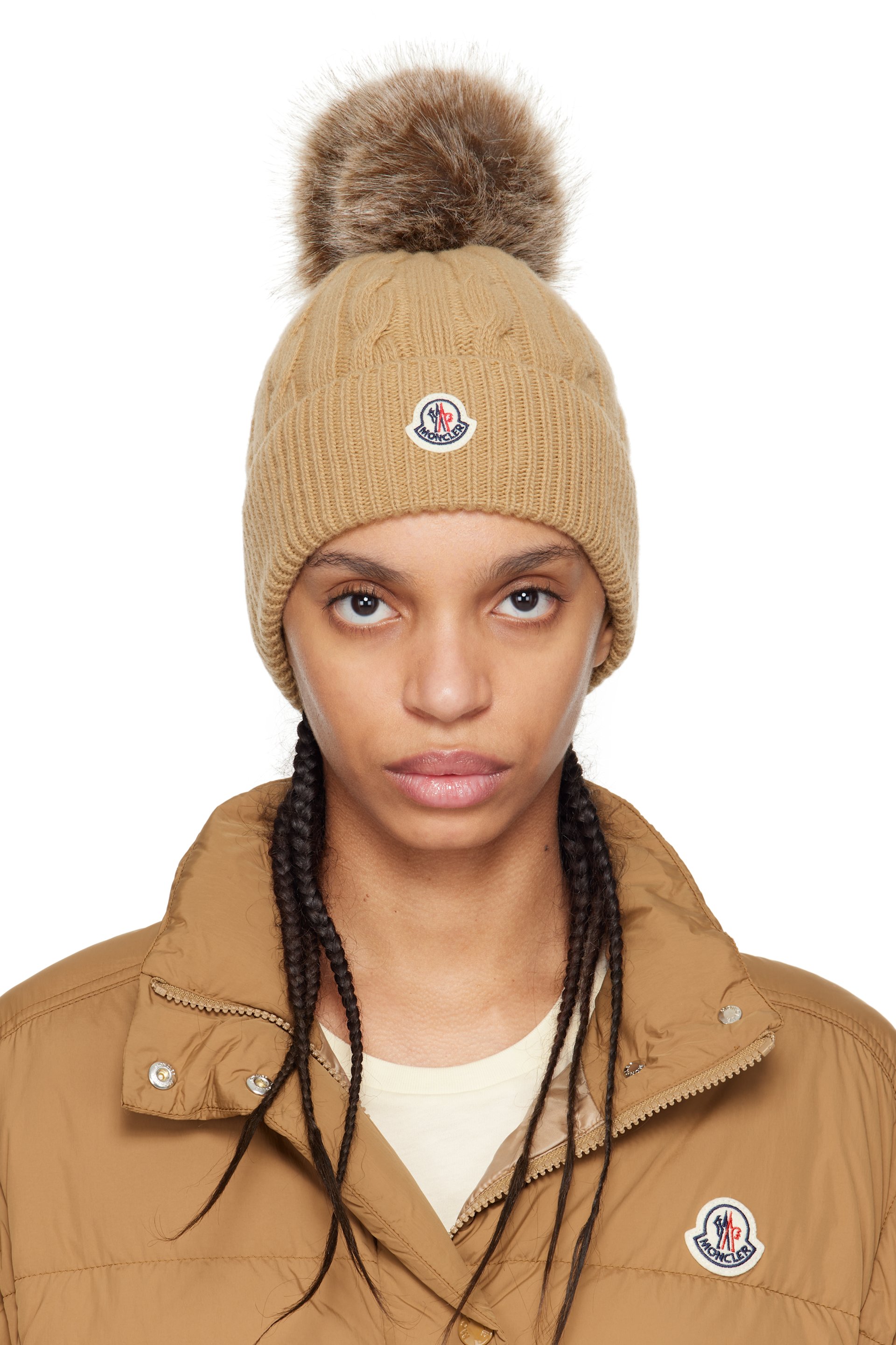 Moncler - Bonnet beige en laine et cachemire à pompon