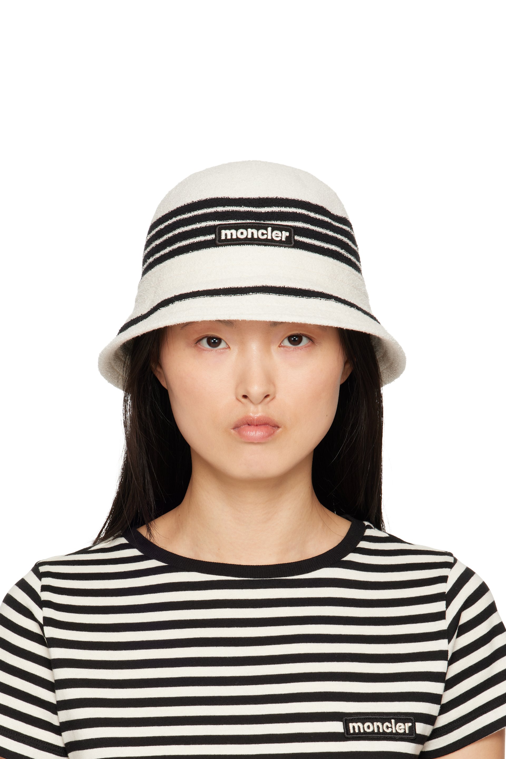 Moncler - Chapeau bob blanc cassé et noir à rayures