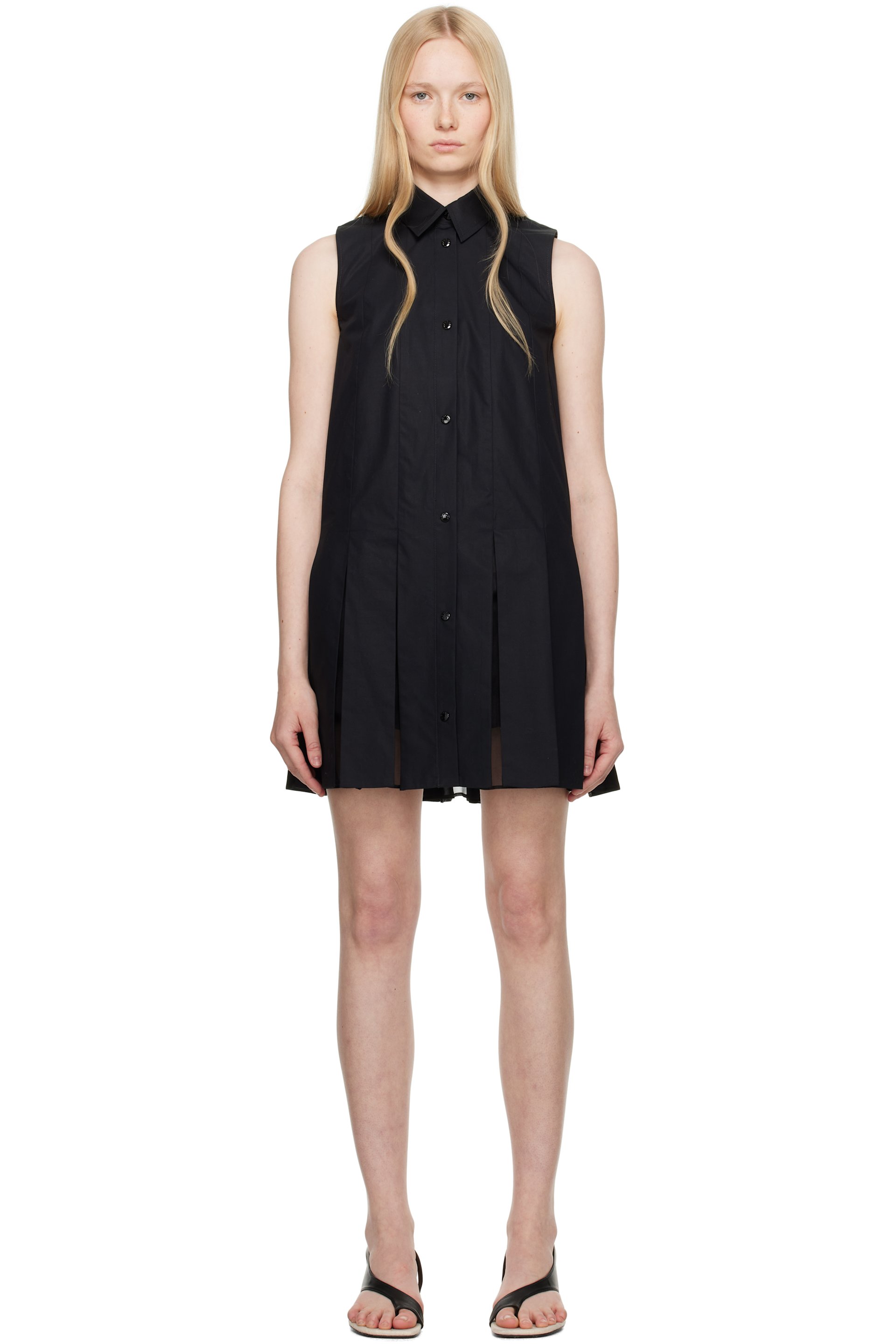Moncler - Robe chemise courte noire en coton à panneaux en soie