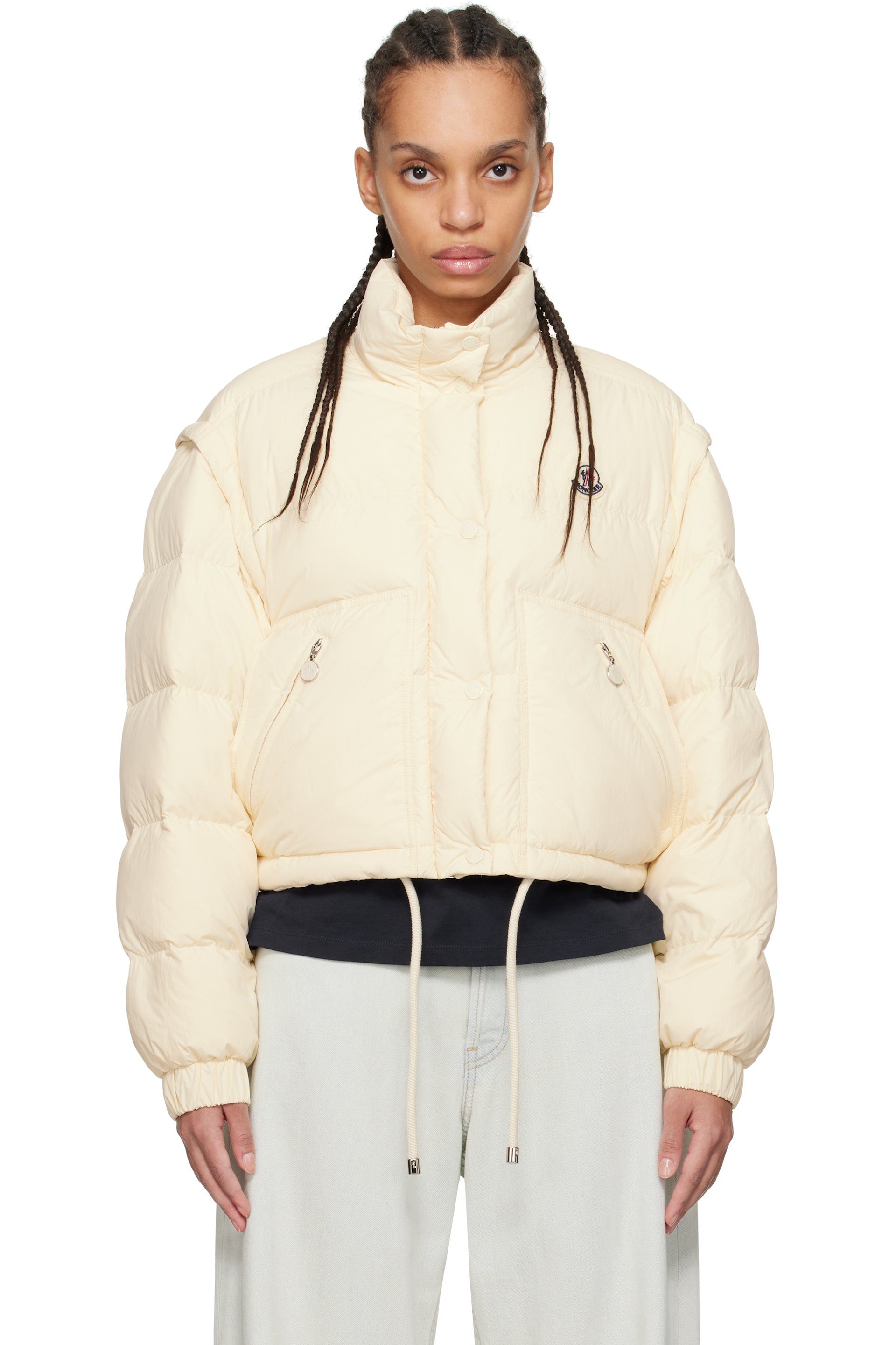 Moncler - Blouson court transformable Selle blanc cassé rembourré en duvet