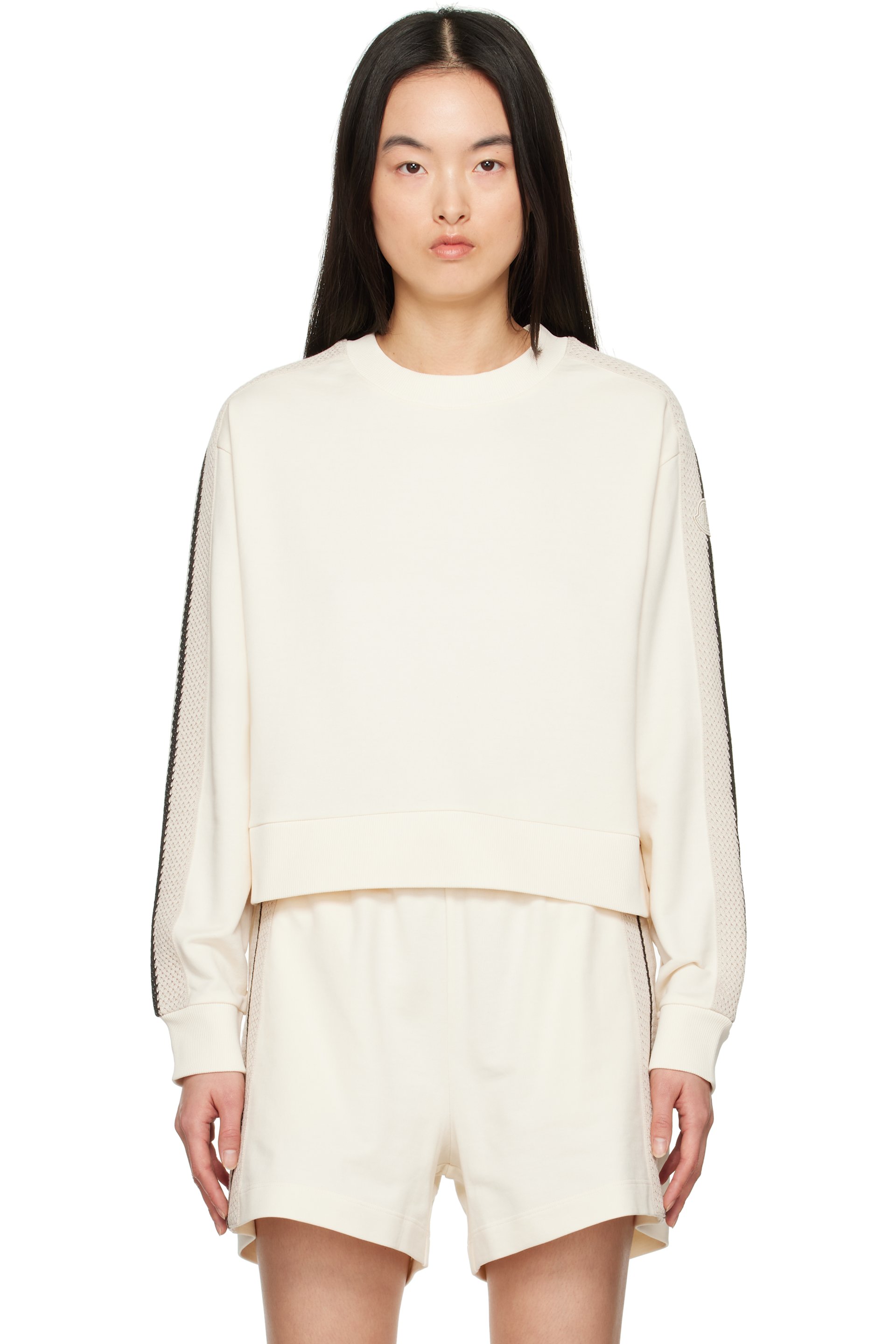 Moncler - Pull molletonné blanc cassé à garnitures à rayure