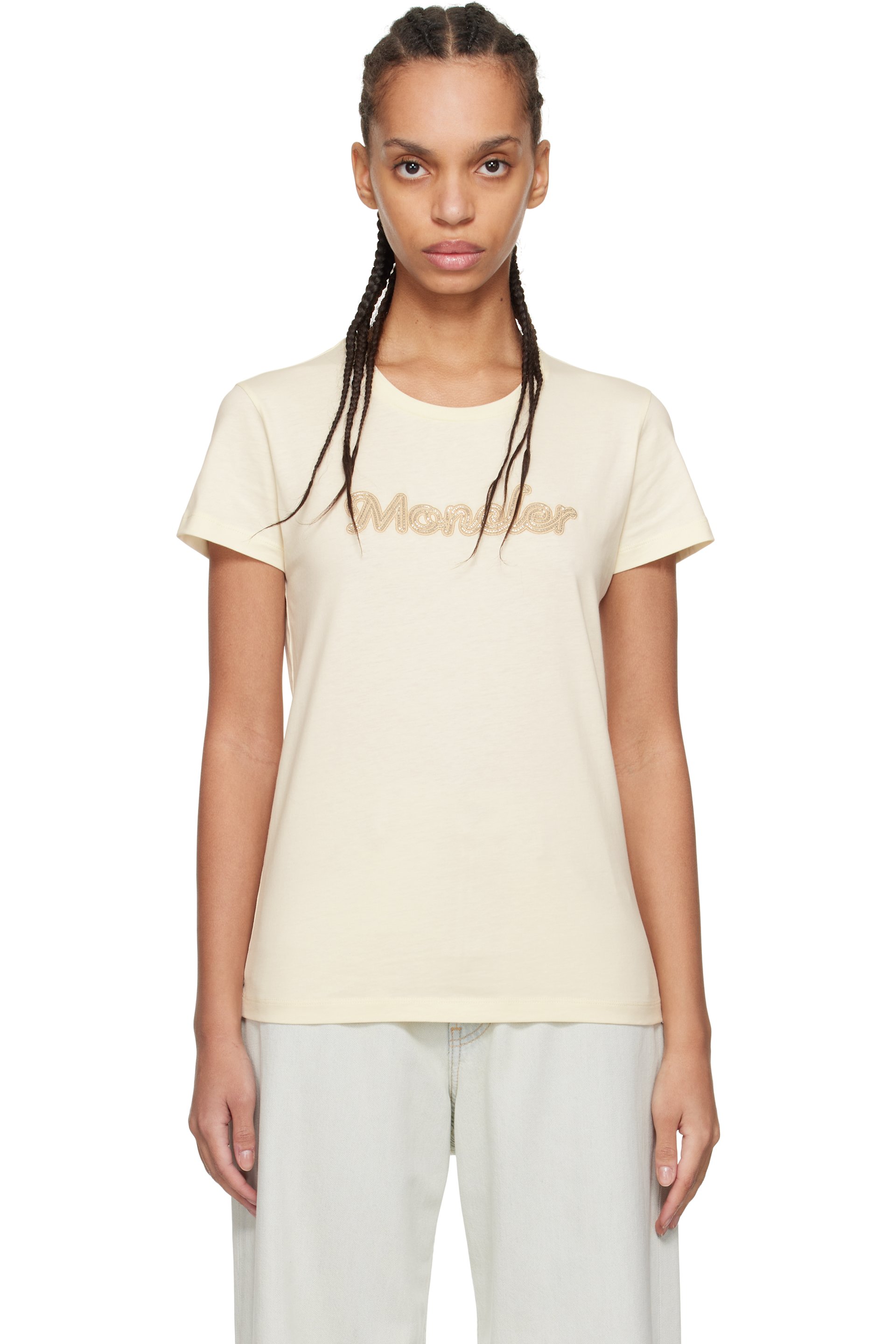 Moncler - T-shirt à manches courtes blanc cassé à logo