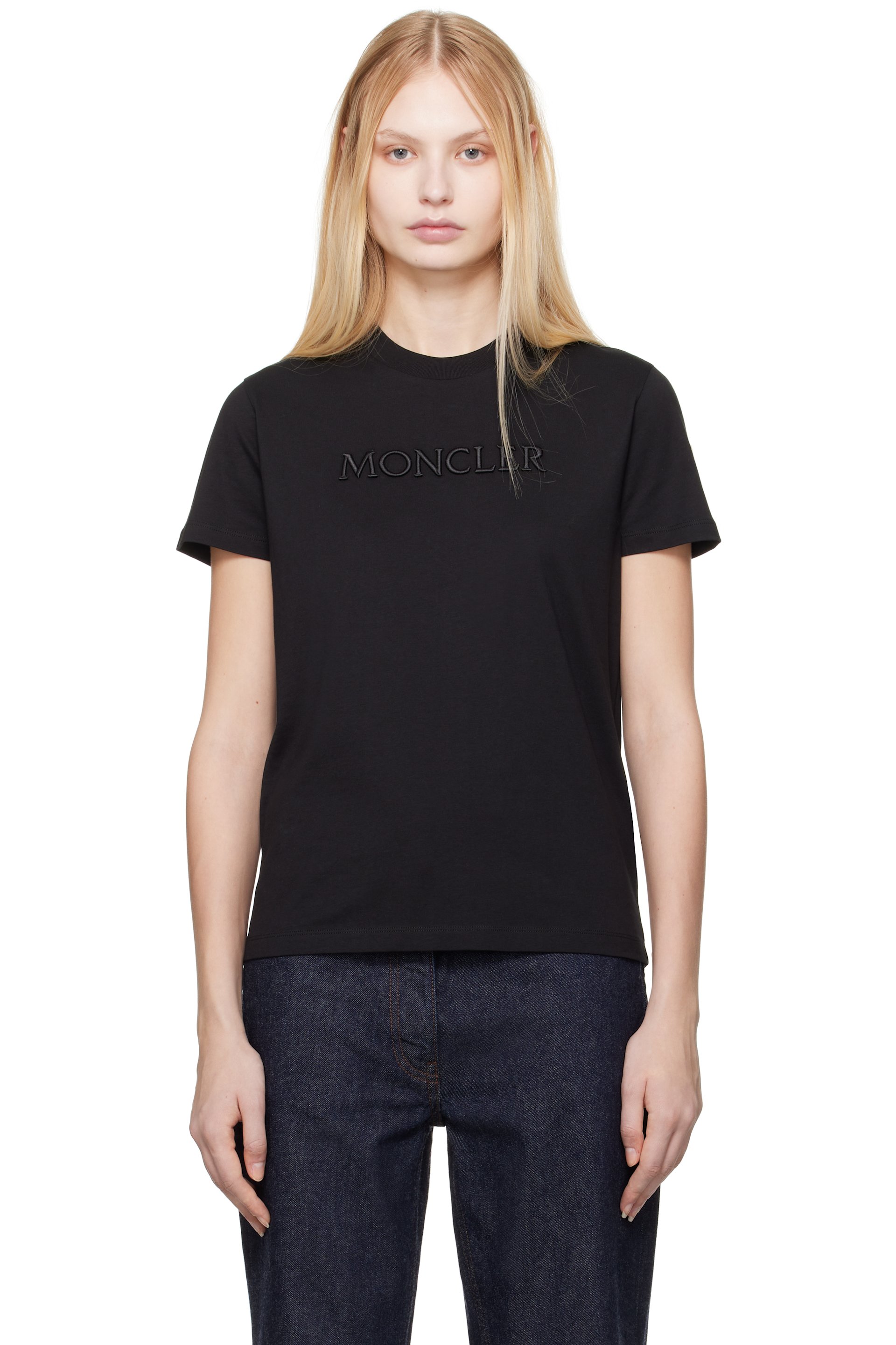 Moncler - T-shirt noir à logo ton sur ton brodé