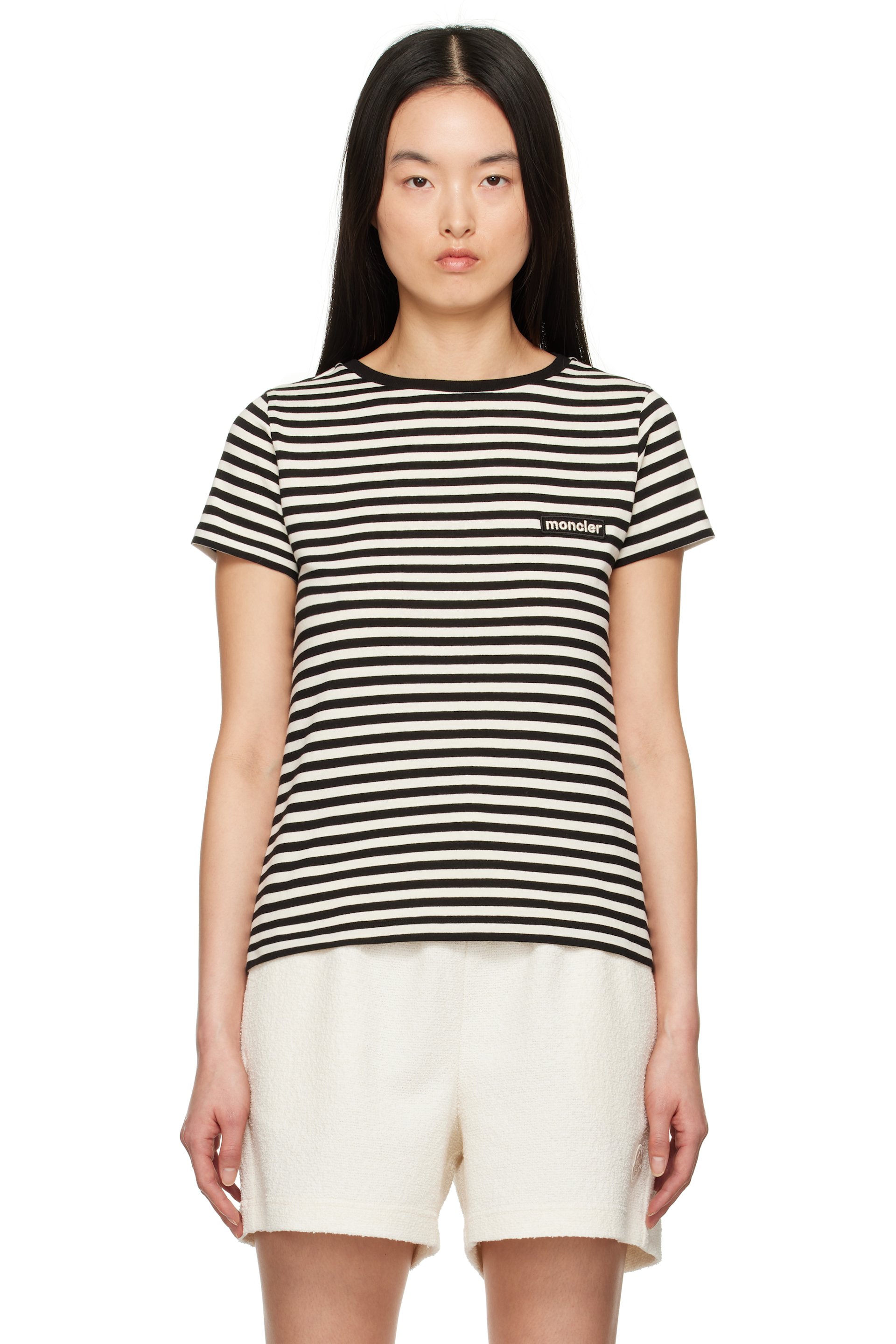 Moncler - T-shirt blanc cassé et noir à rayures