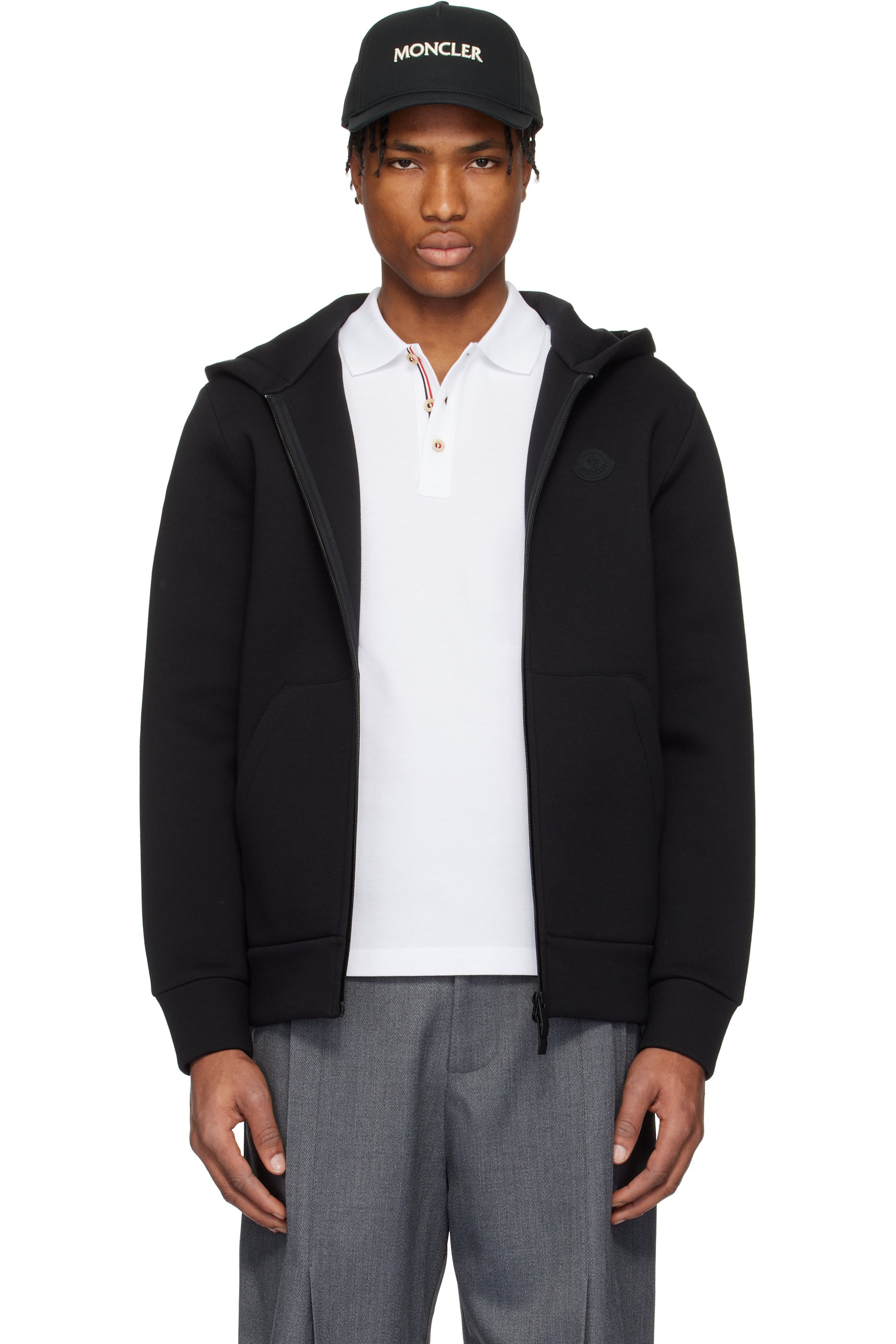 Moncler - Pull à capuche noir en coton et en néoprène à glissière