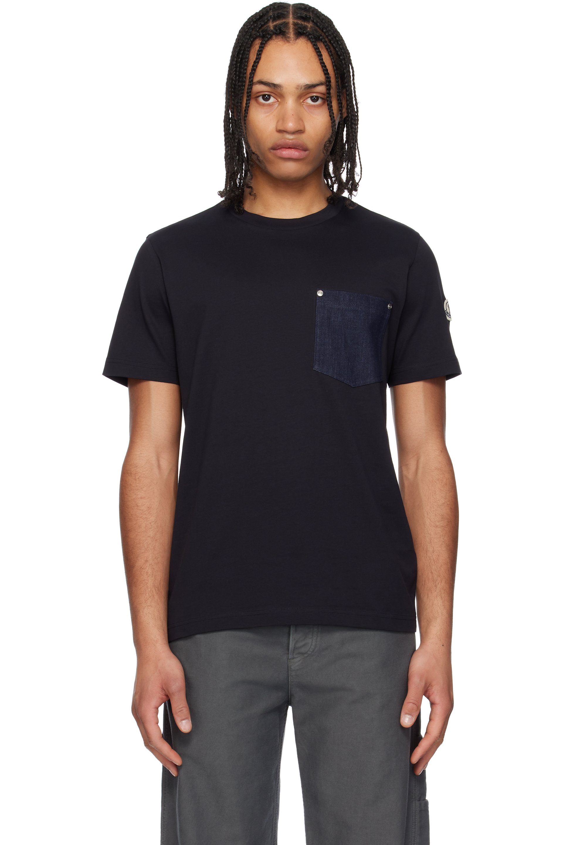 Moncler - ネイビー コットン＆デニム ポケットTシャツ