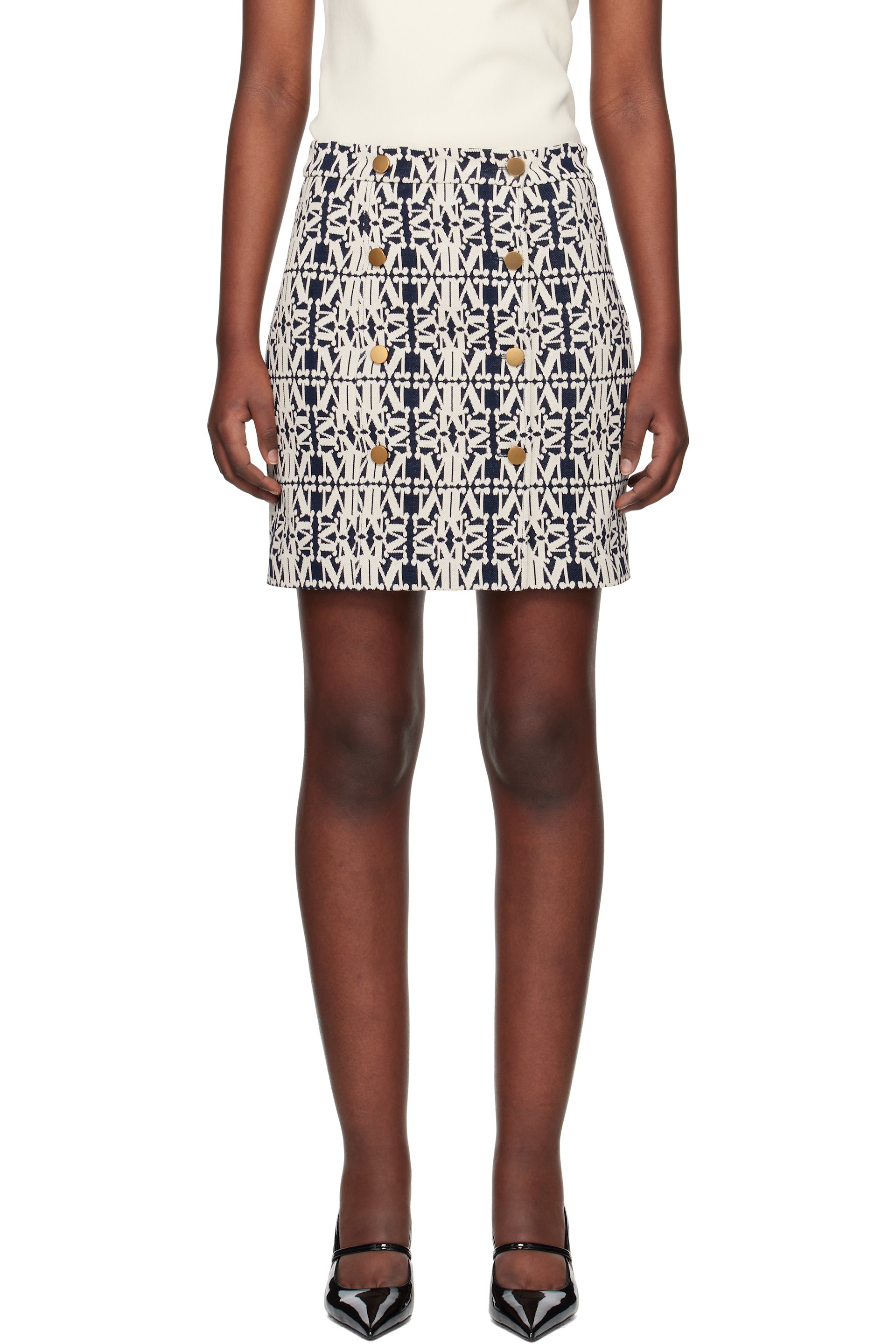 Max Mara - Minijupe Riber blanc et bleu marine