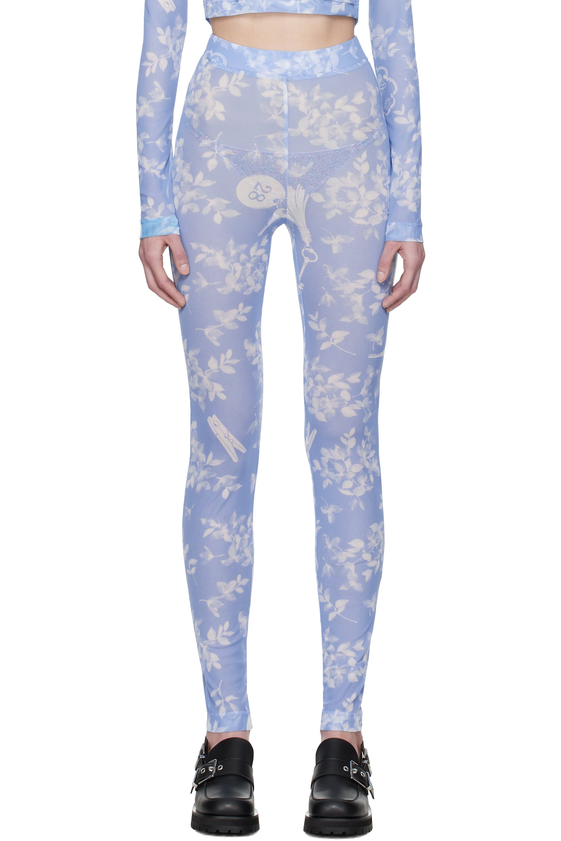 Moschino Jeans - 蓝色 Floral Print Mesh 紧身裤
