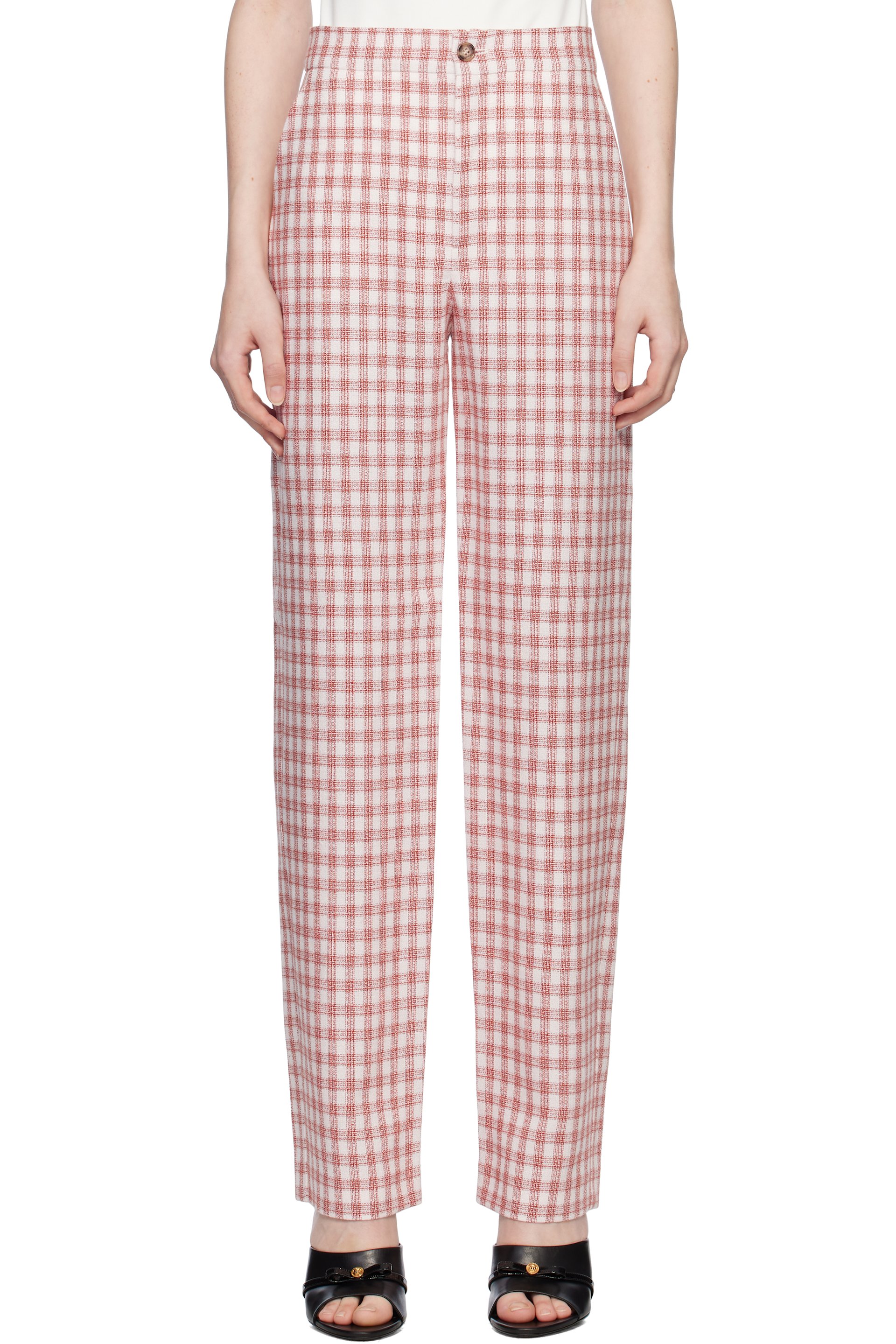 M05CH1N0 JEANS - Pantalon rouge en viscose et en lin à carreaux