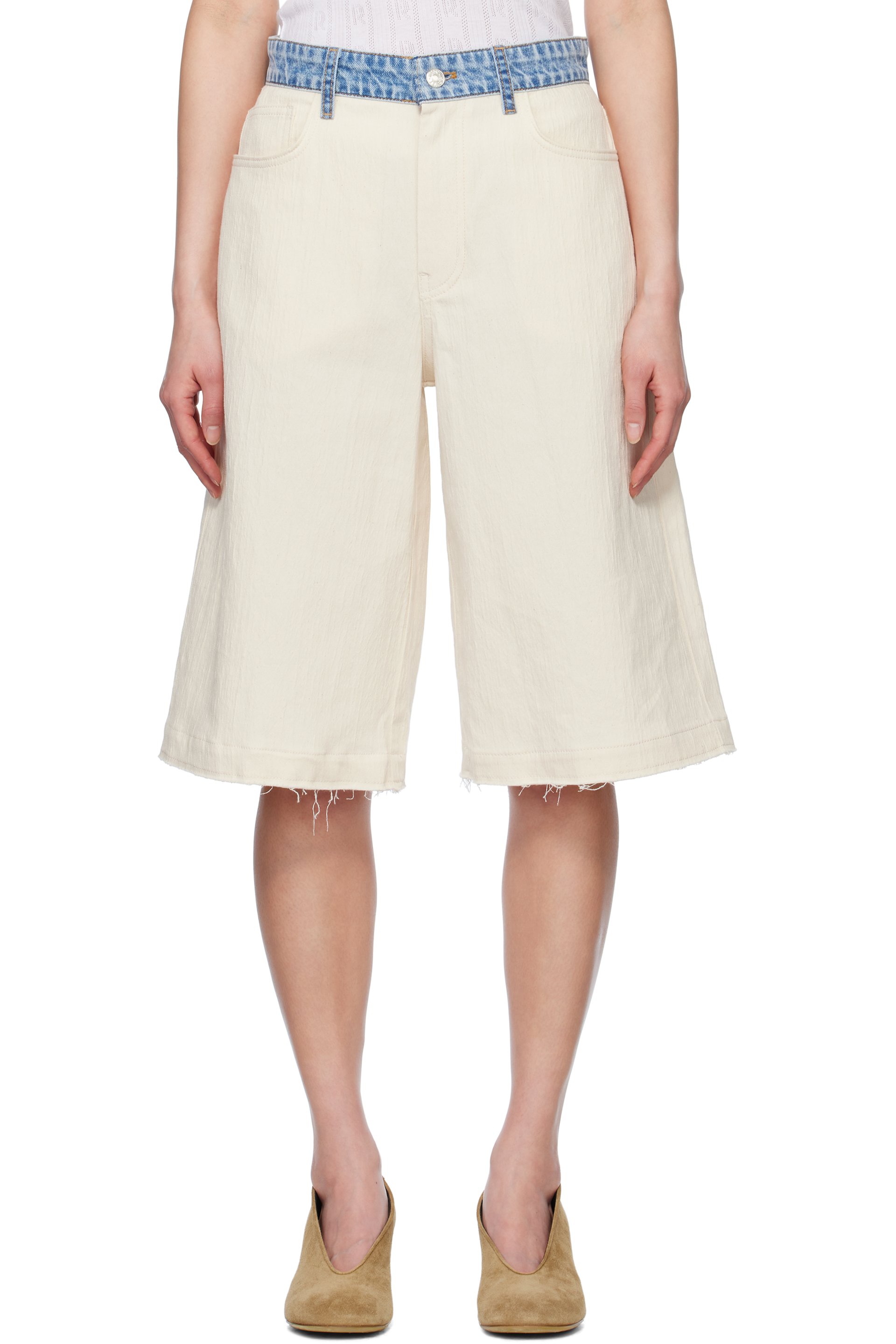 M05CH1N0 JEANS - Short texturé beige et bleu en coton et en chanvre