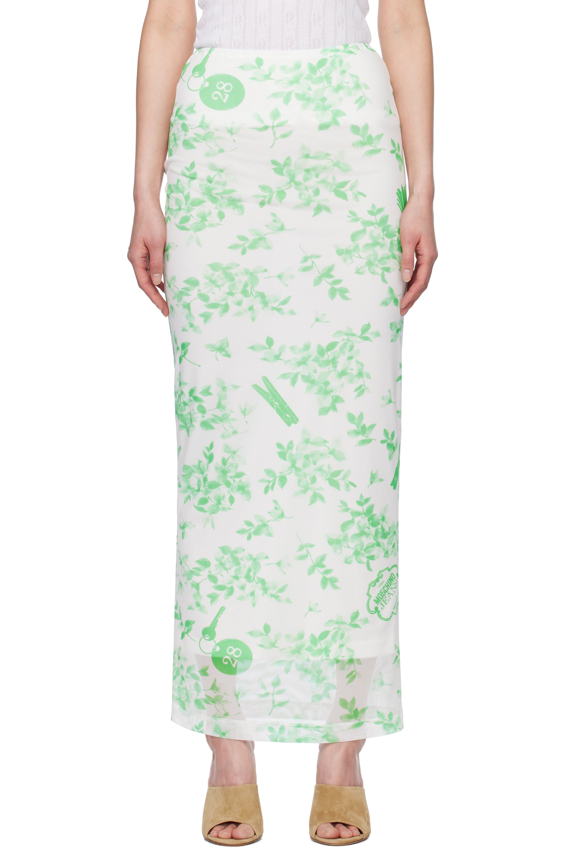 M05CH1N0 JEANS - Jupe longue vert et blanc en filet à motif fleuri imprimé