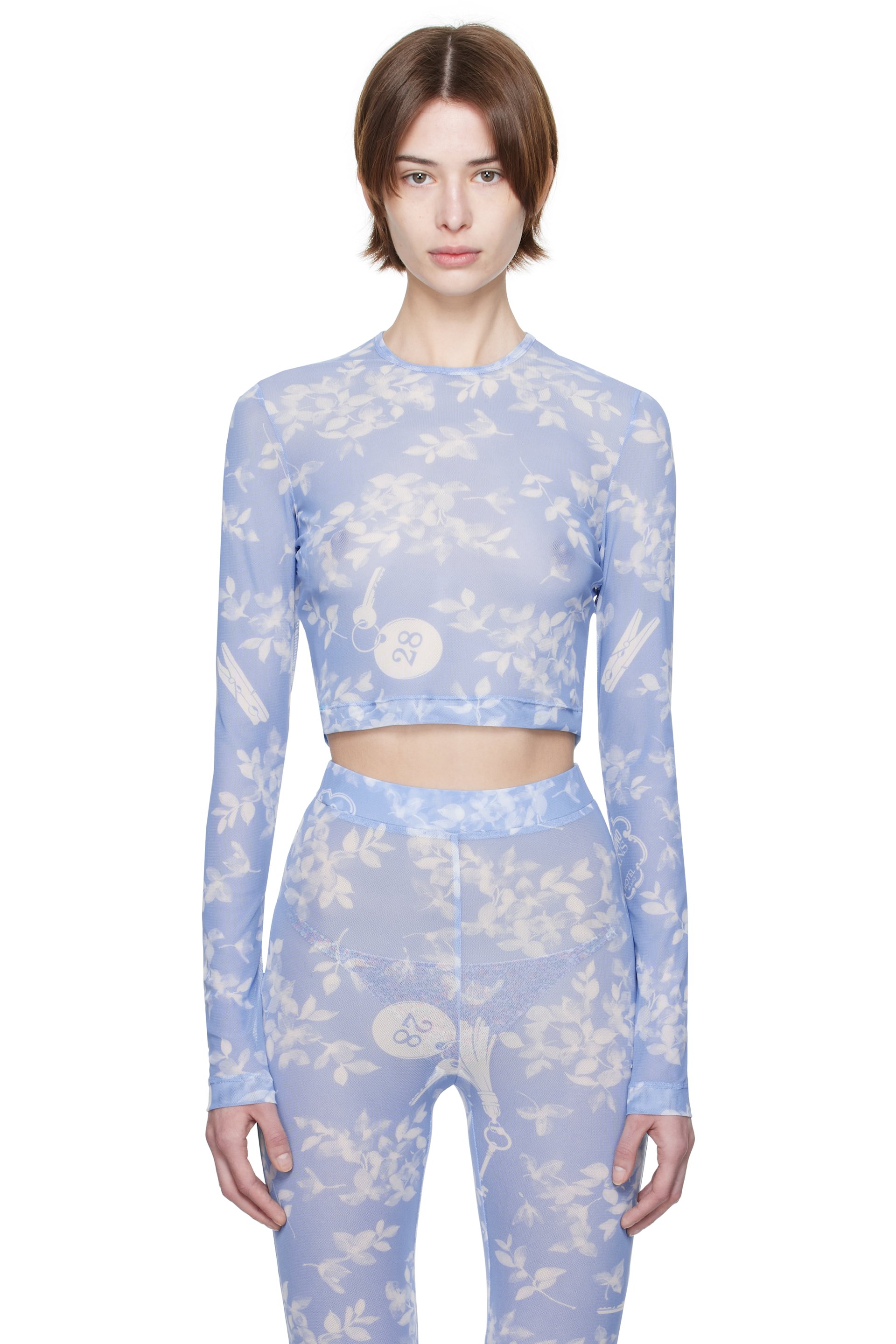 M05CH1N0 JEANS - T-shirt bleu en filet à motif fleuri imprimé