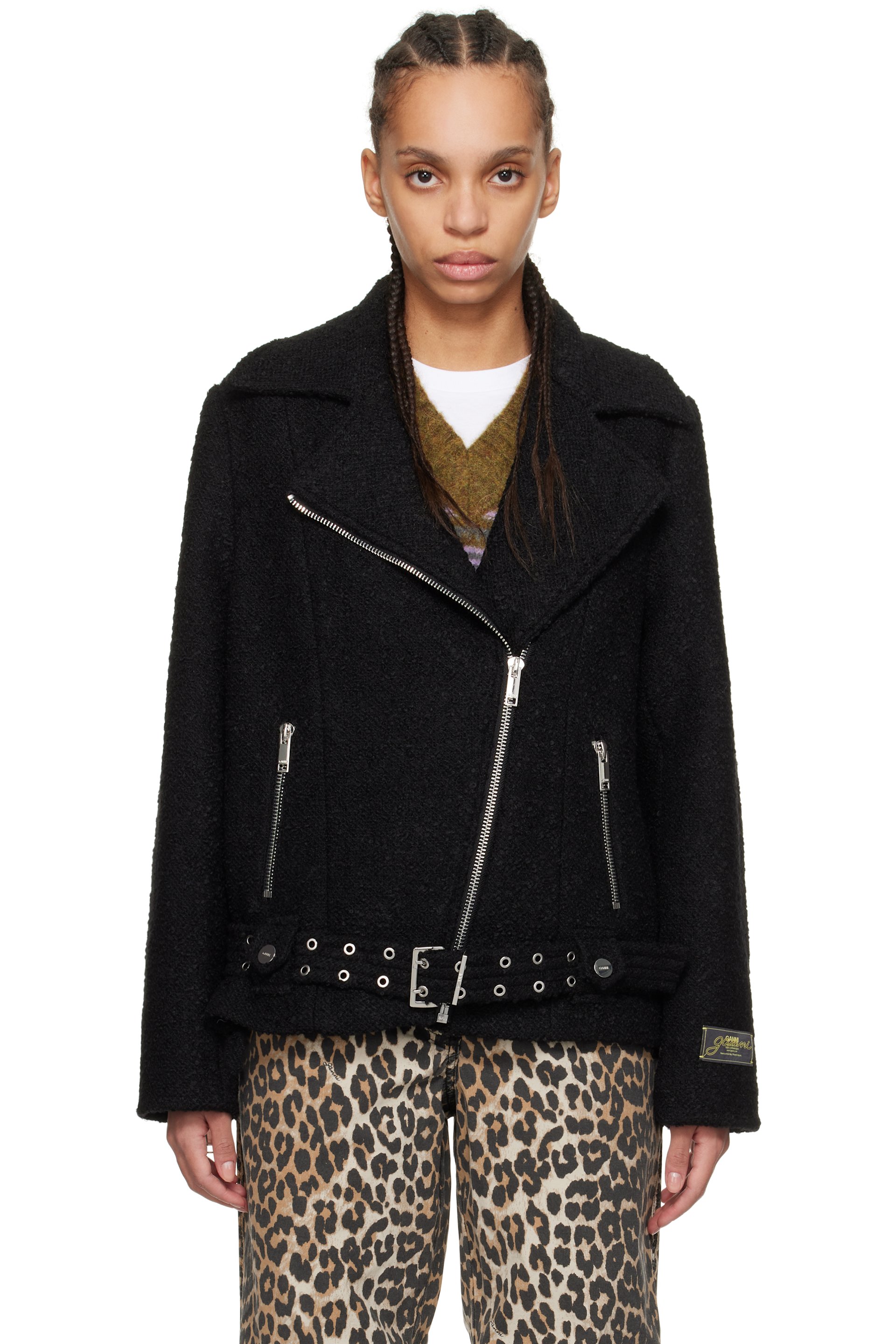 GANNI - Blouson noir en bouclé de laine