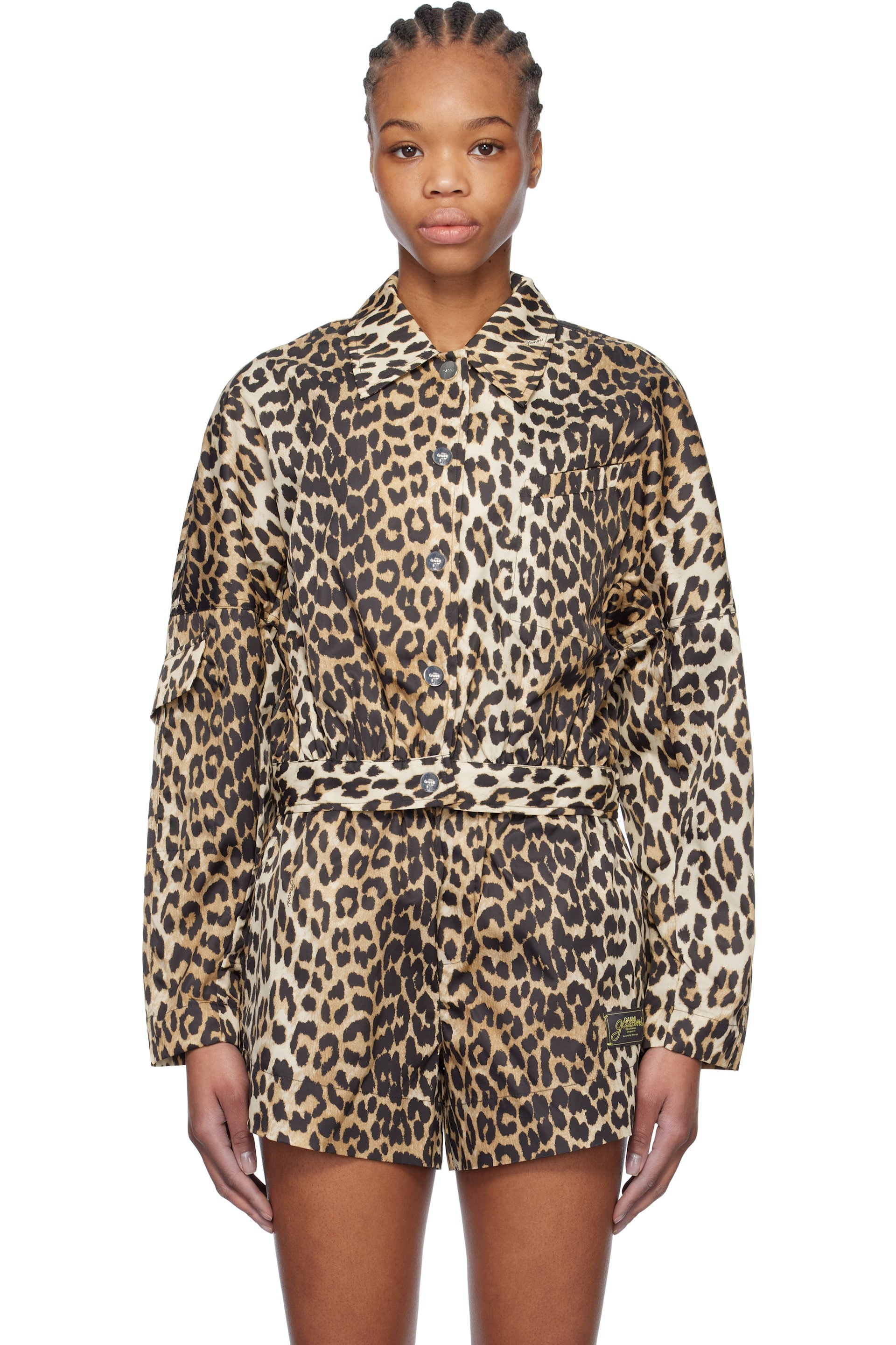GANNI - Blouson écourté noir et brun en satin duchesse de nylon