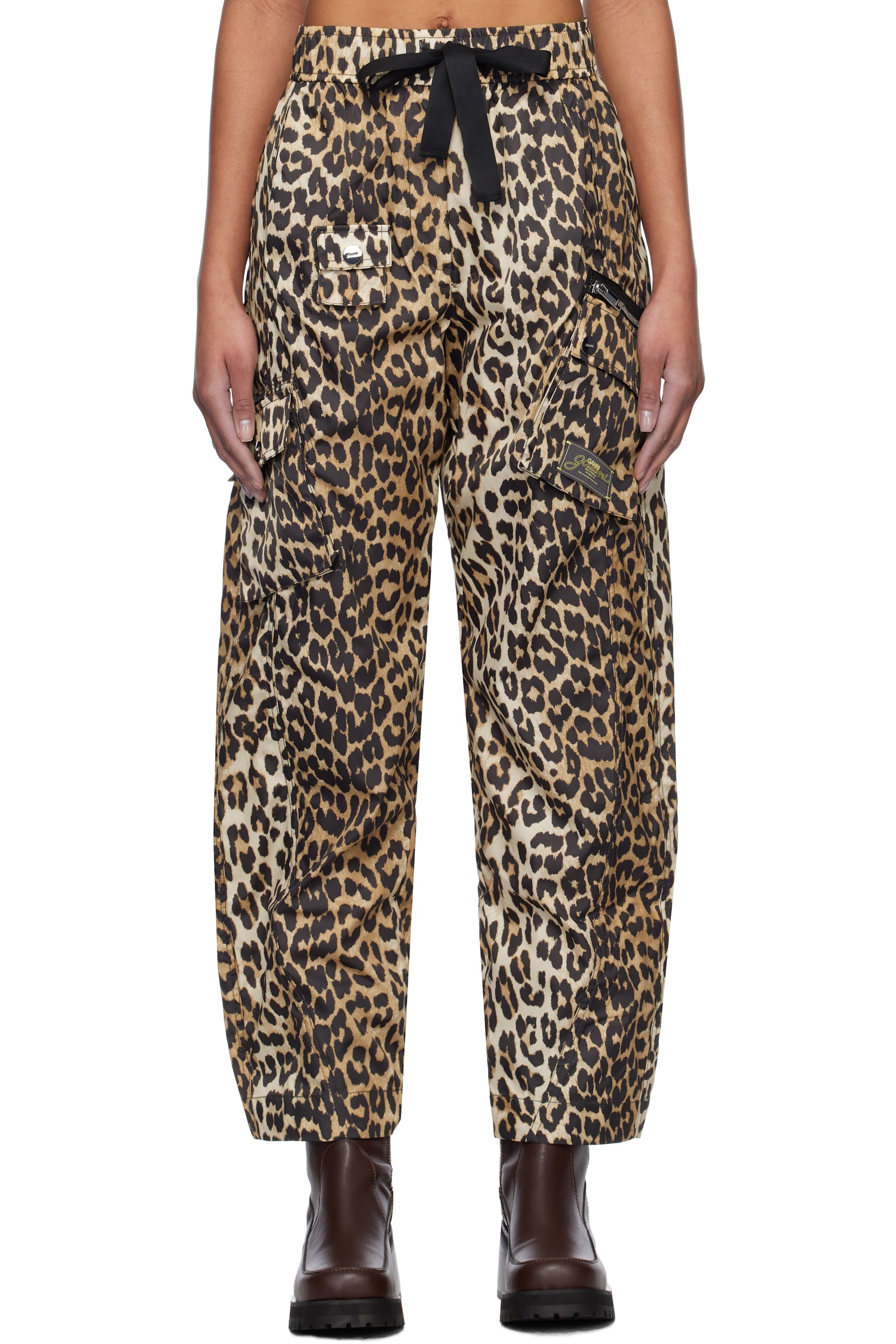 GANNI - Pantalon cargo noir et brun en satin duchesse de nylon