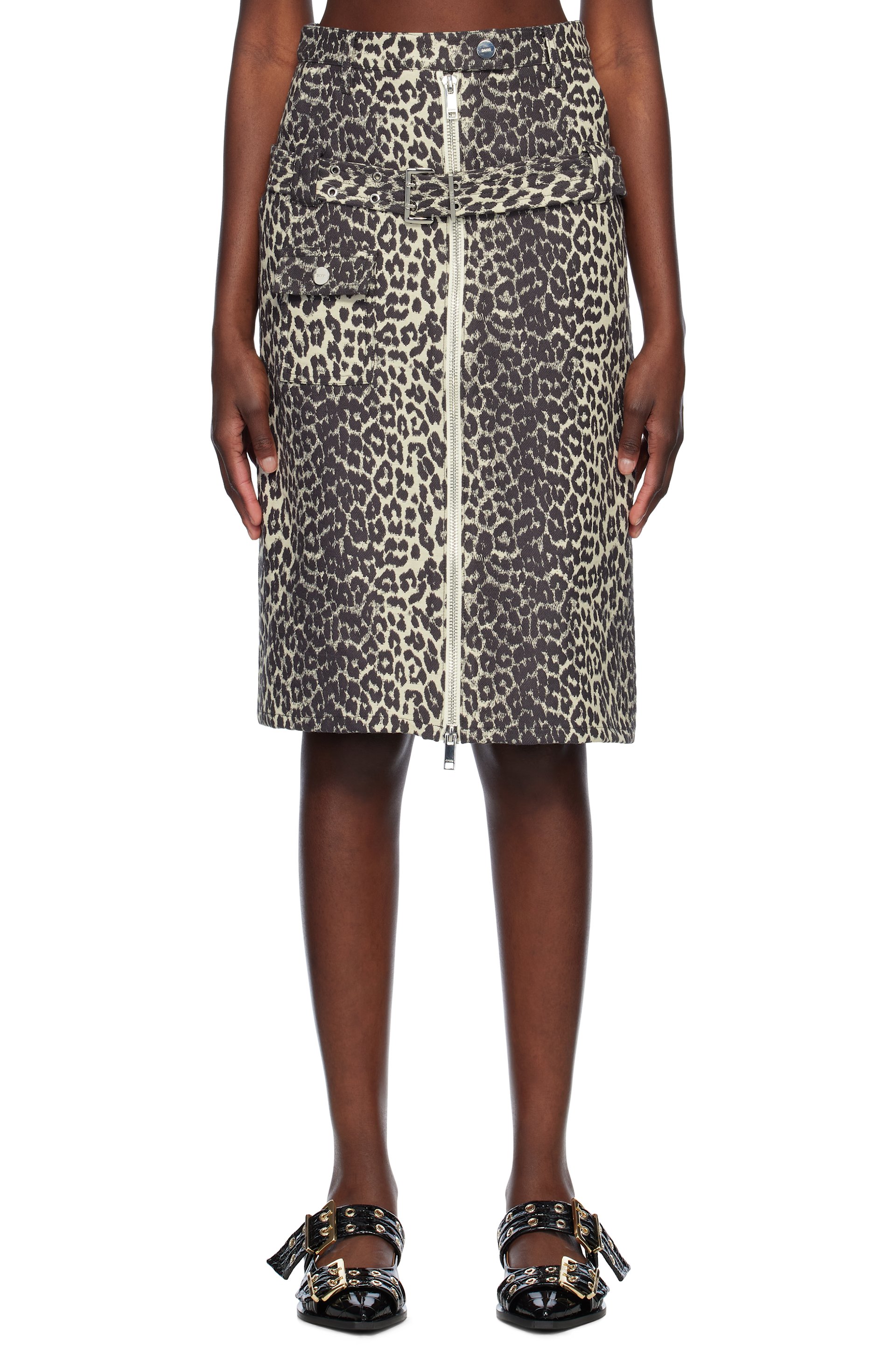 GANNI - Jupe midi beige et noir en coton