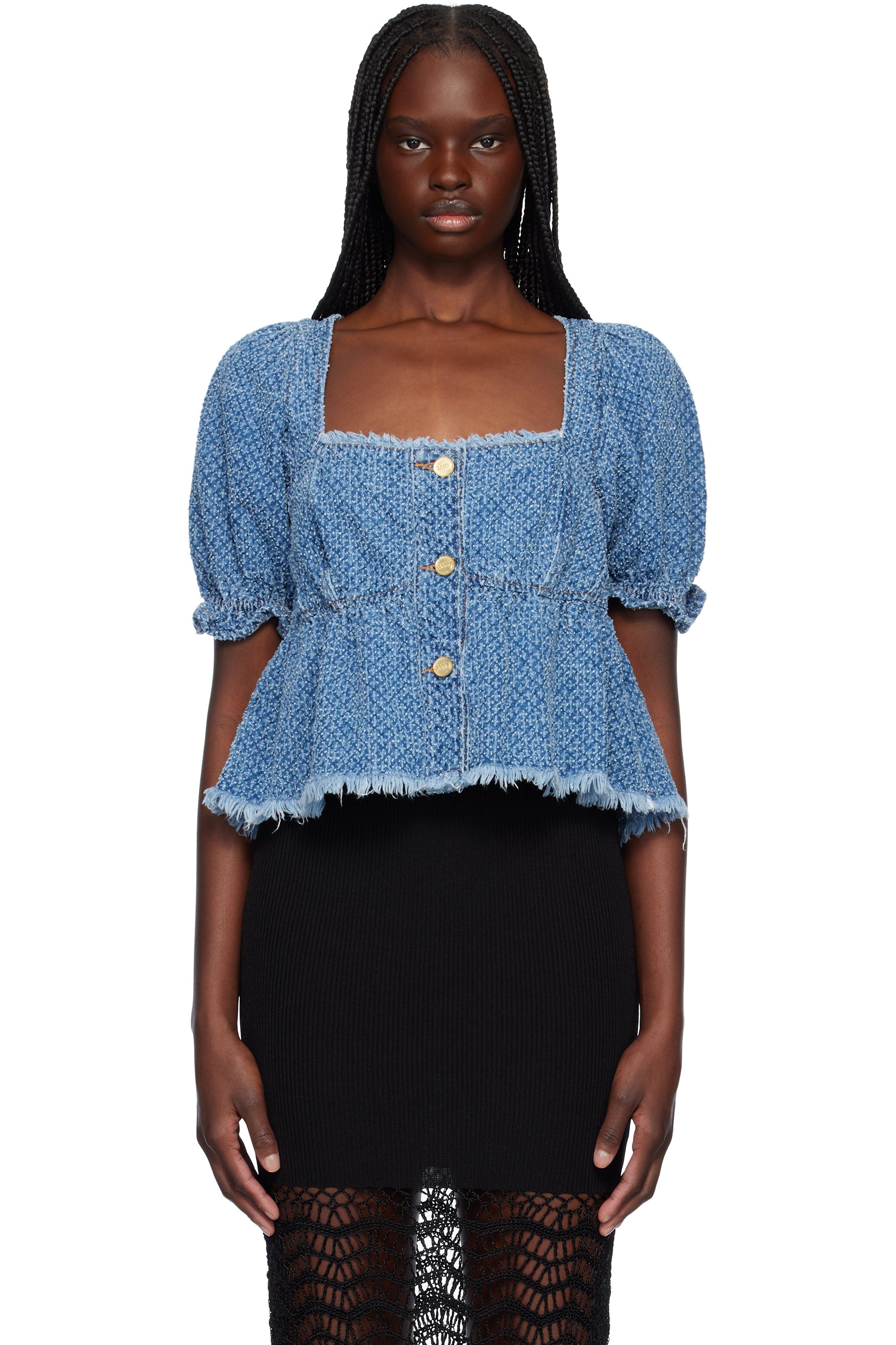 GANNI - Chemisier bleu en denim à manches bouffantes