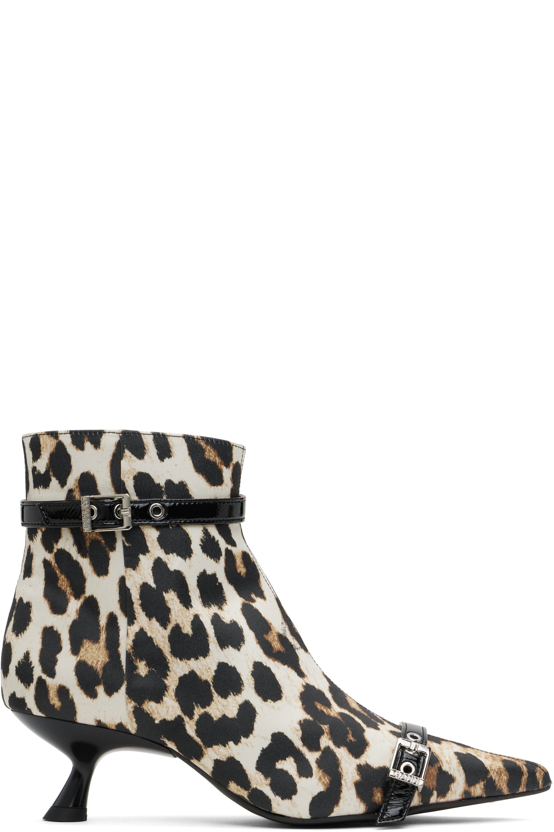 GANNI - Bottes à petit talon beige et noir en satin à brides à œillets