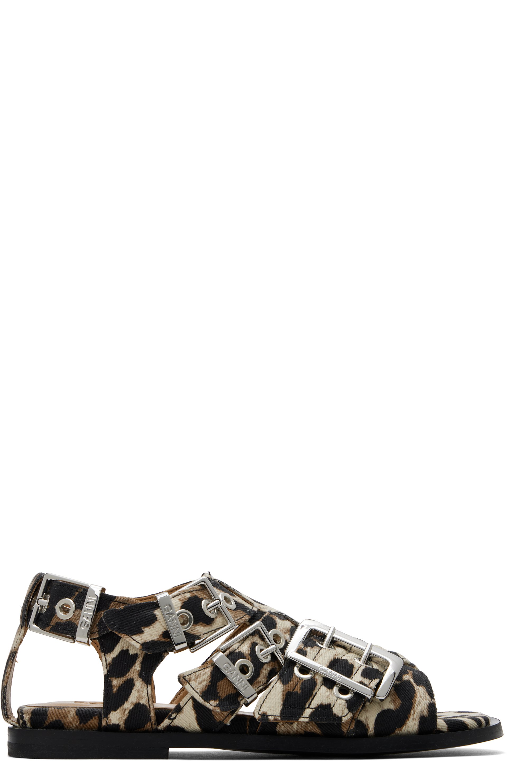 GANNI - Sandales beige et noir en denim à boucles à ardillon