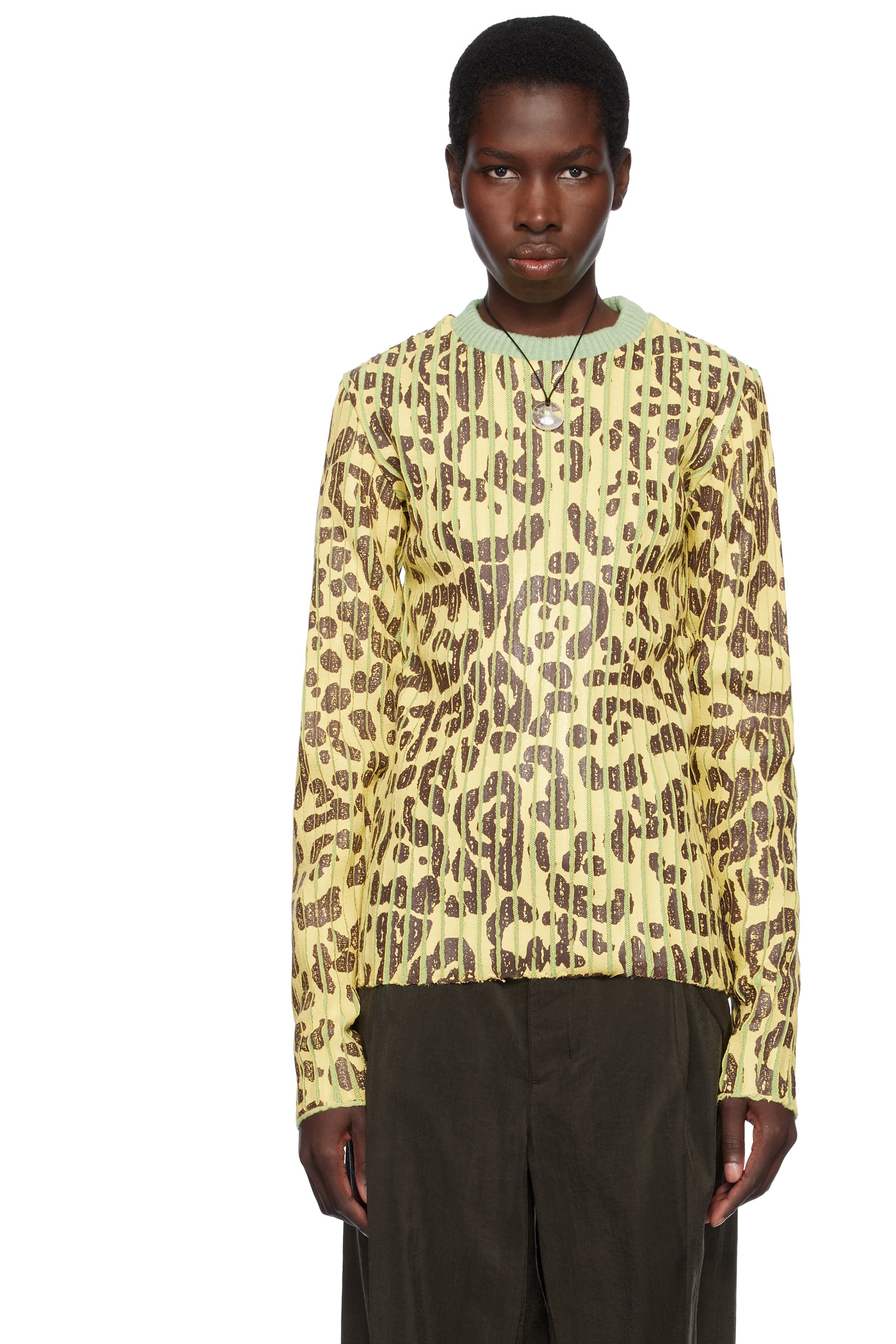 Stanley Raffington - Pull jaune et vert en tricot vanisé à motif léopard et à col ras du cou