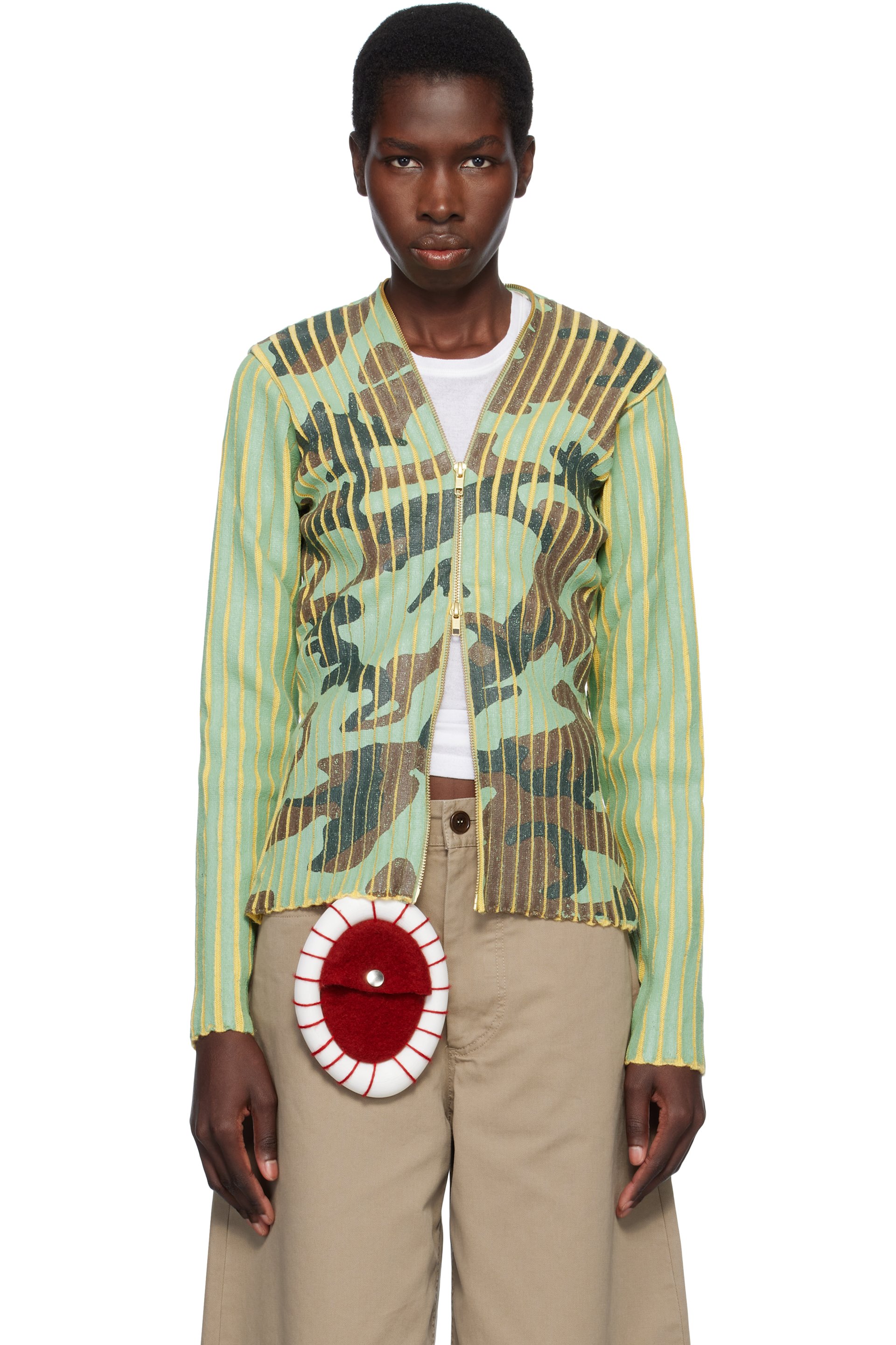 Stanley Raffington - Blouson vert et jaune en tricot vanisé