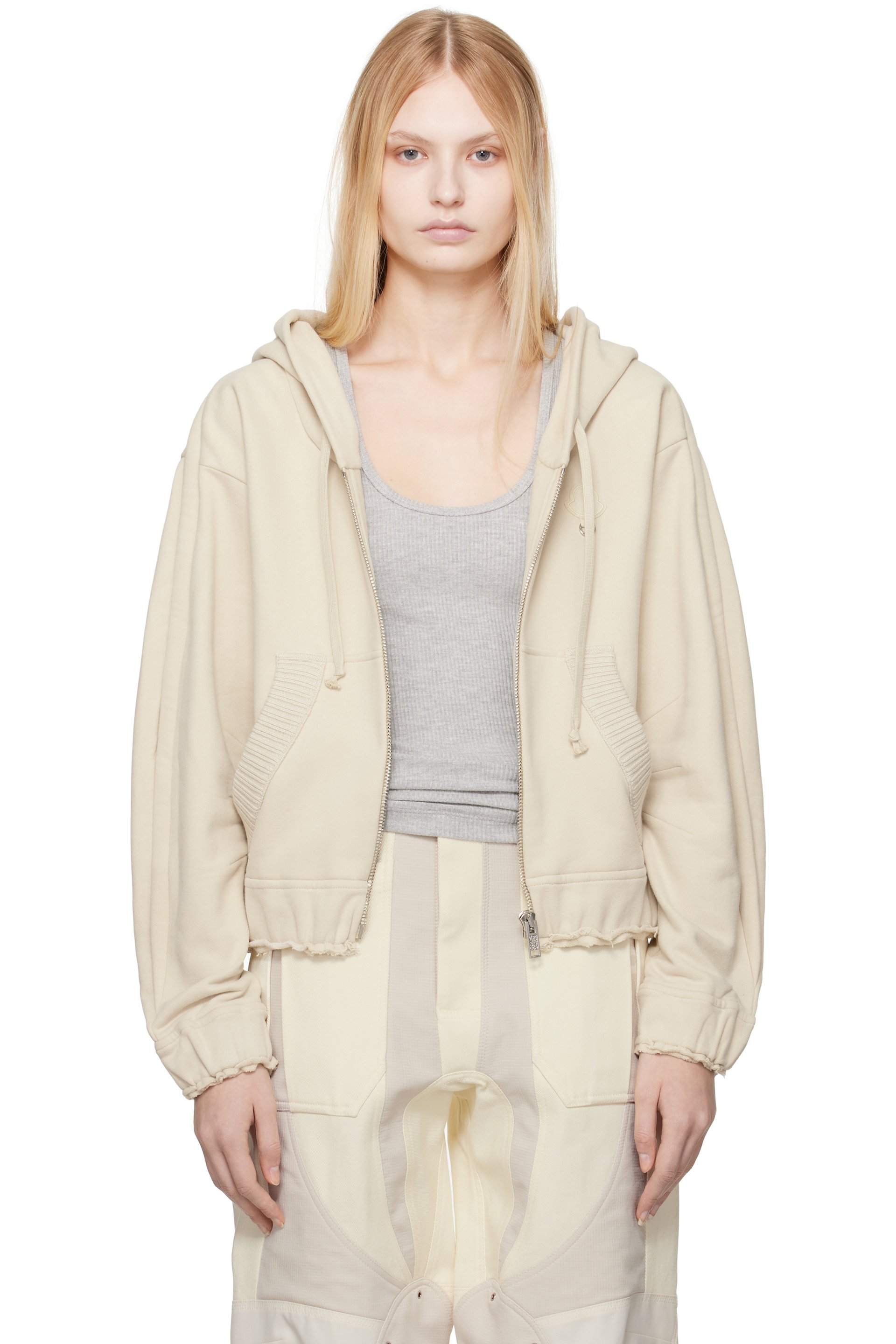 Moncler Genius - Pull à capuche beige en coton à œillets et à glissière - Moncler x Willow Smith