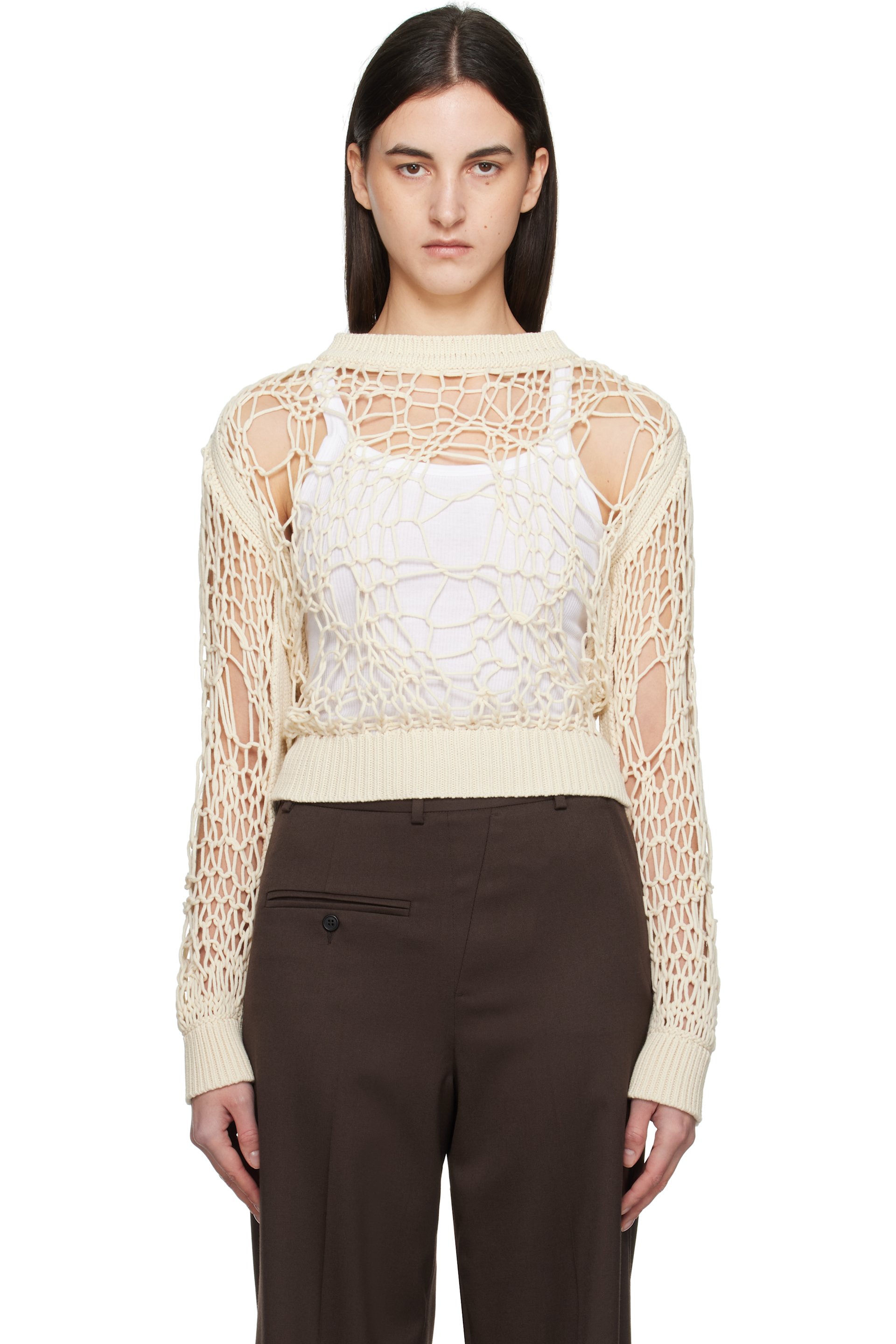 MM6 Maison Margiela - Pull blanc cassé en tricot à mailles ouvertes à col ras du cou