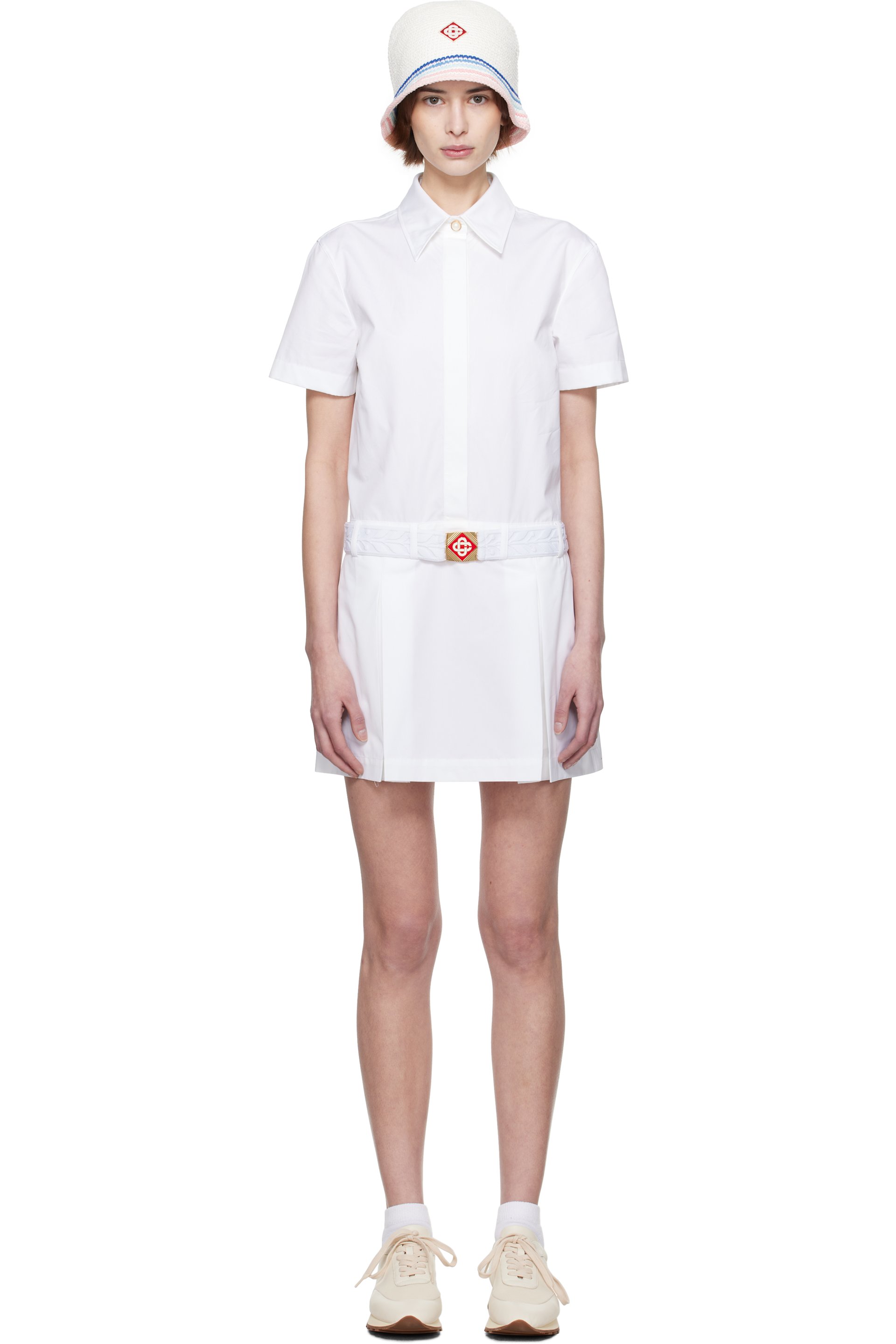 Casablanca - Robe courte de tennis blanche en coton à plis creux