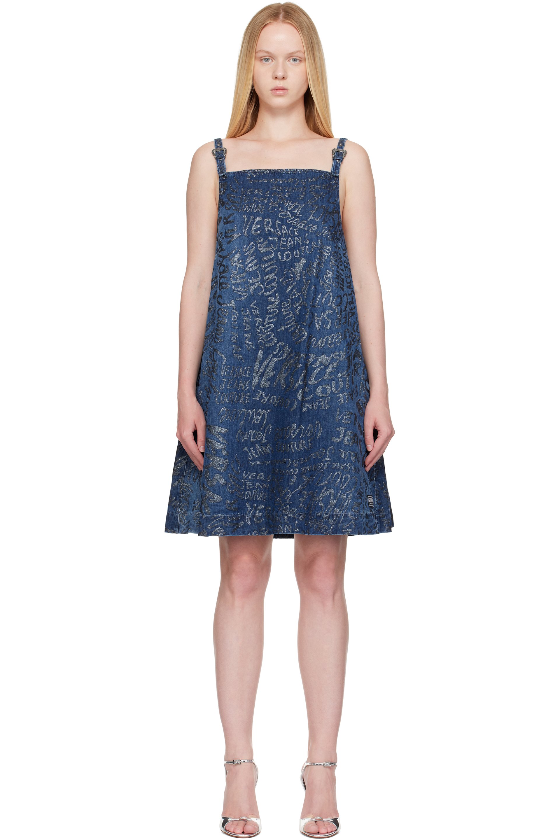 Versace Jeans Couture - Robe courte bleue à textes scintillants