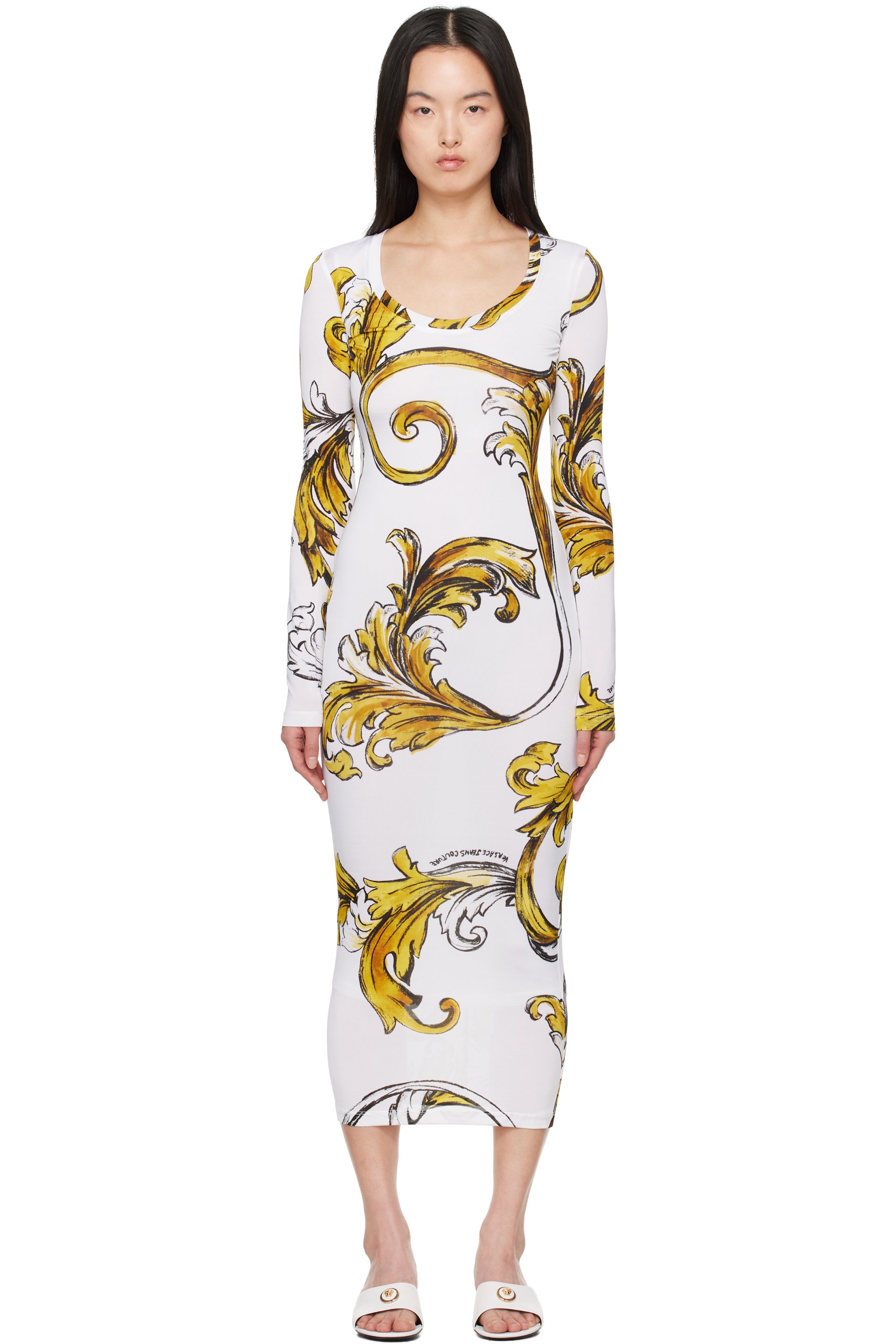 Versace Jeans Couture - Robe midi blanc et jaune à motif Outline Barocco