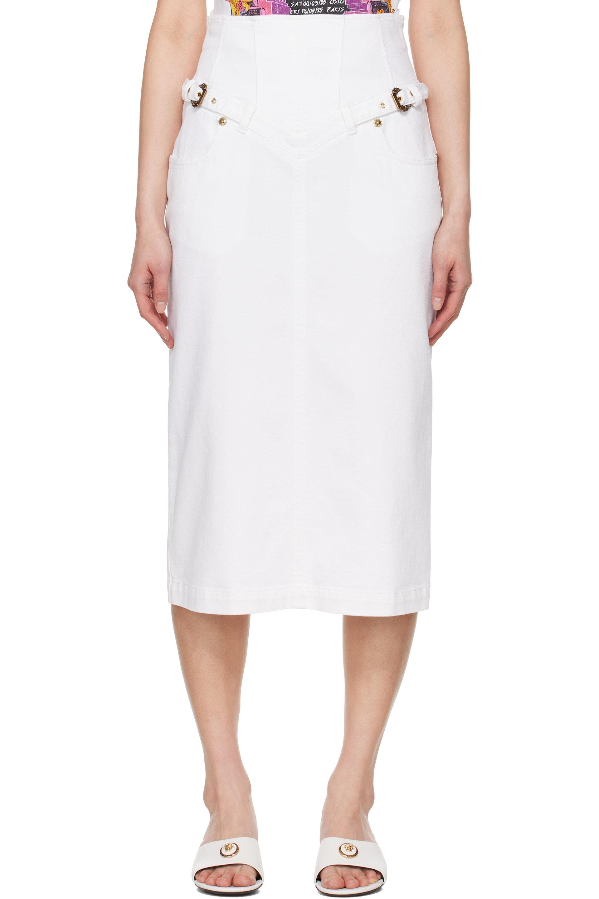 Versace Jeans Couture - Jupe midi blanche en denim à boucles Baroque