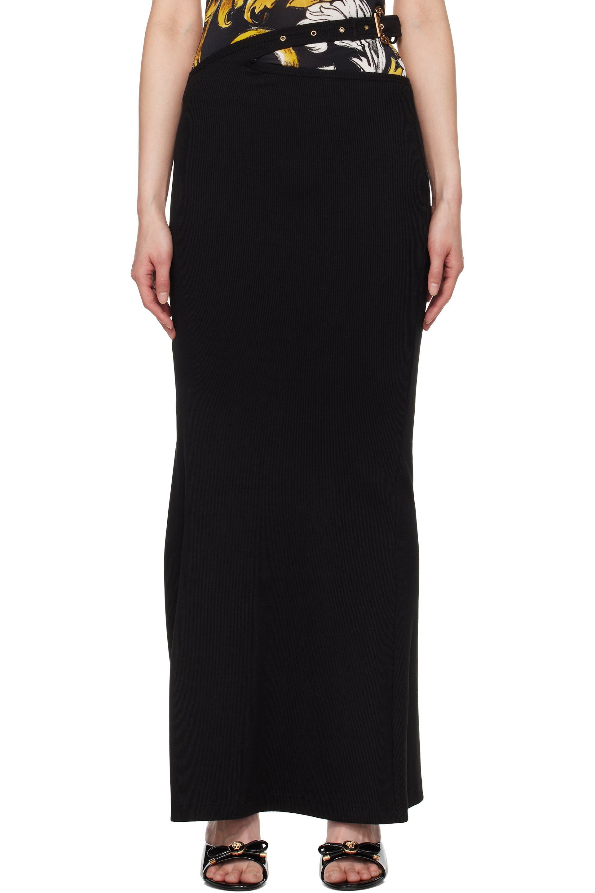 Versace Jeans Couture - Jupe longue noire en tricot côtelé à boucle Baroque