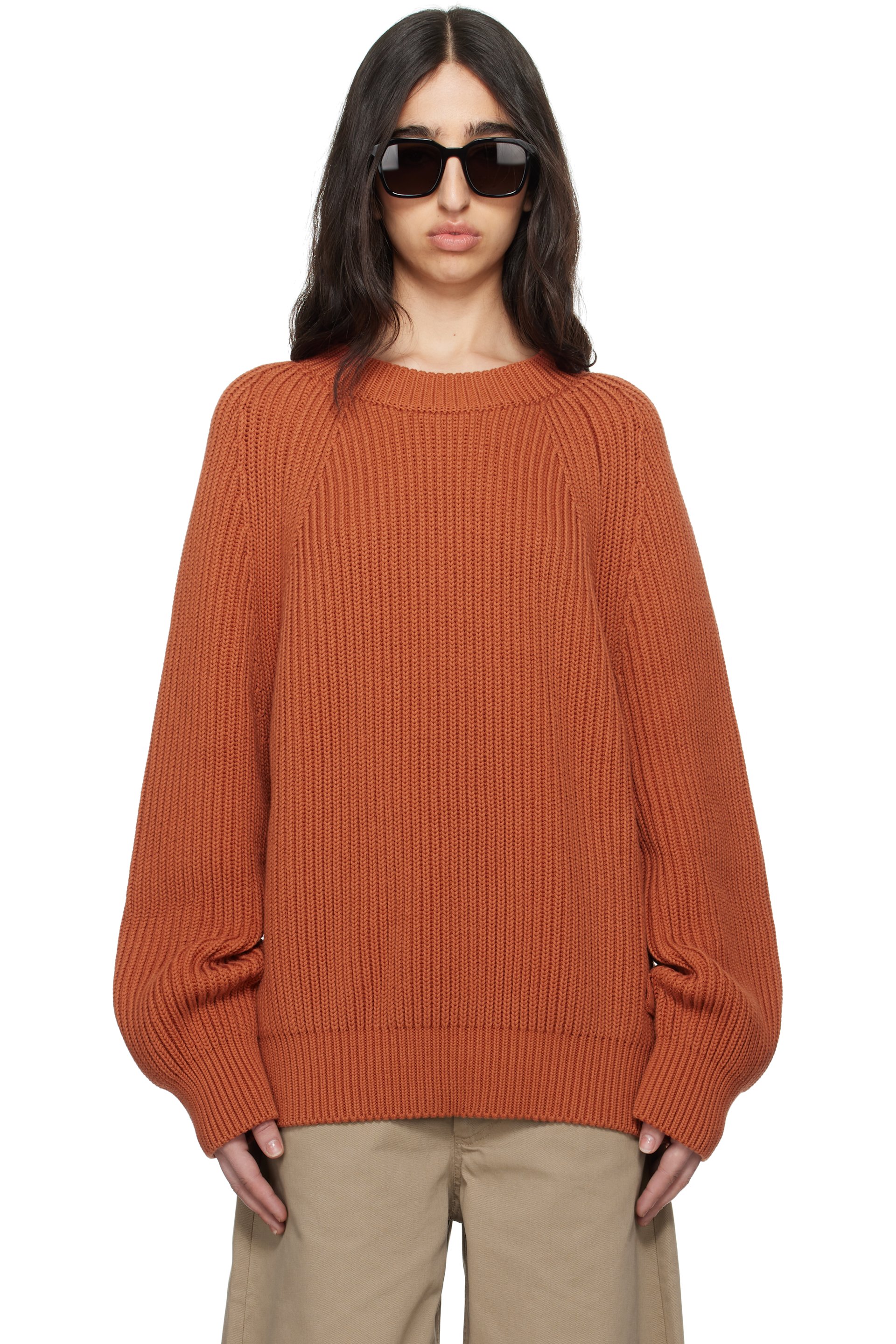 Meta Campania Collective - Pull Michel orange en tricot côtelé de coton à col ras du cou