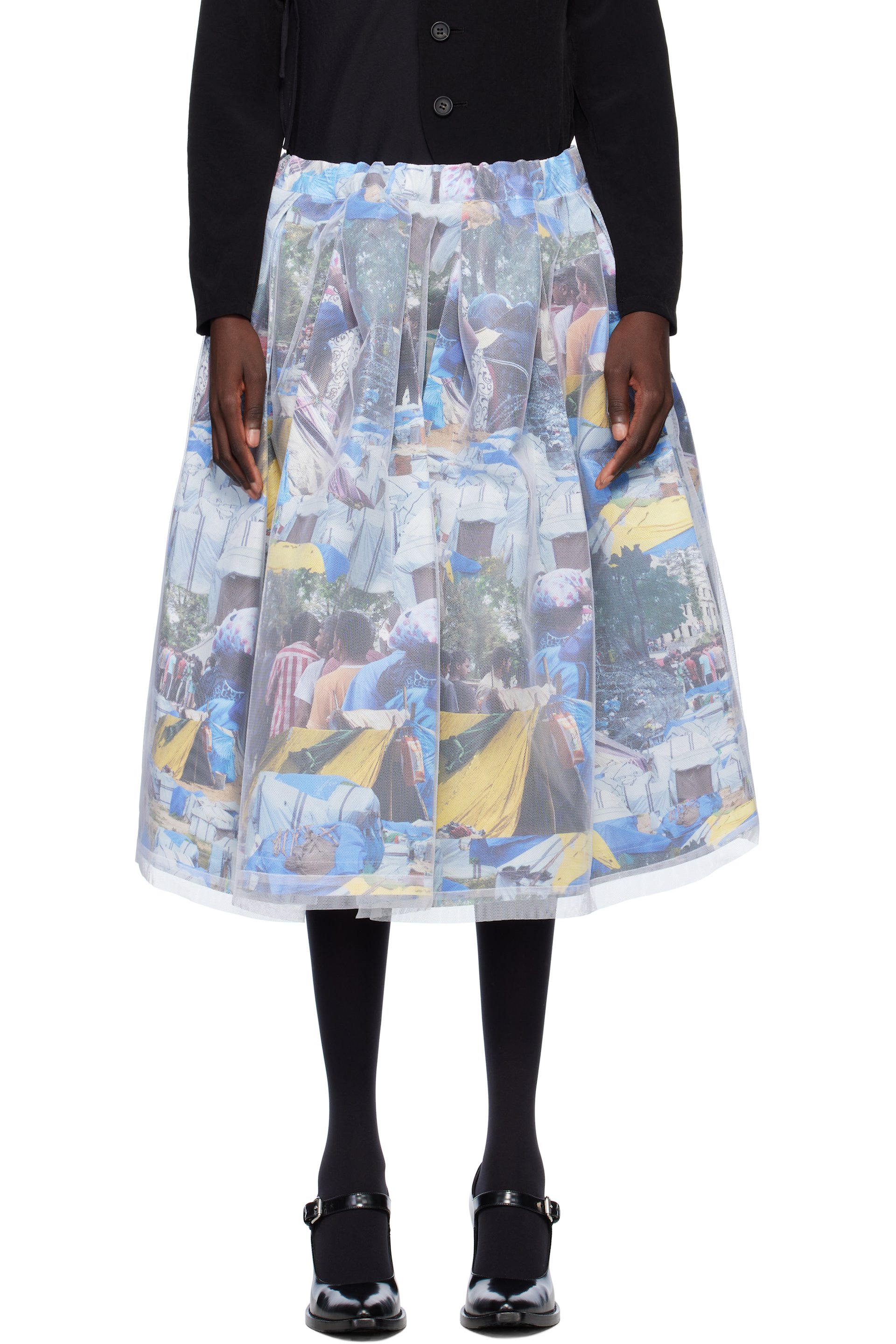 Comme des Garçons - Jupe midi multicolore à images et à empiècement en tulle de nylon