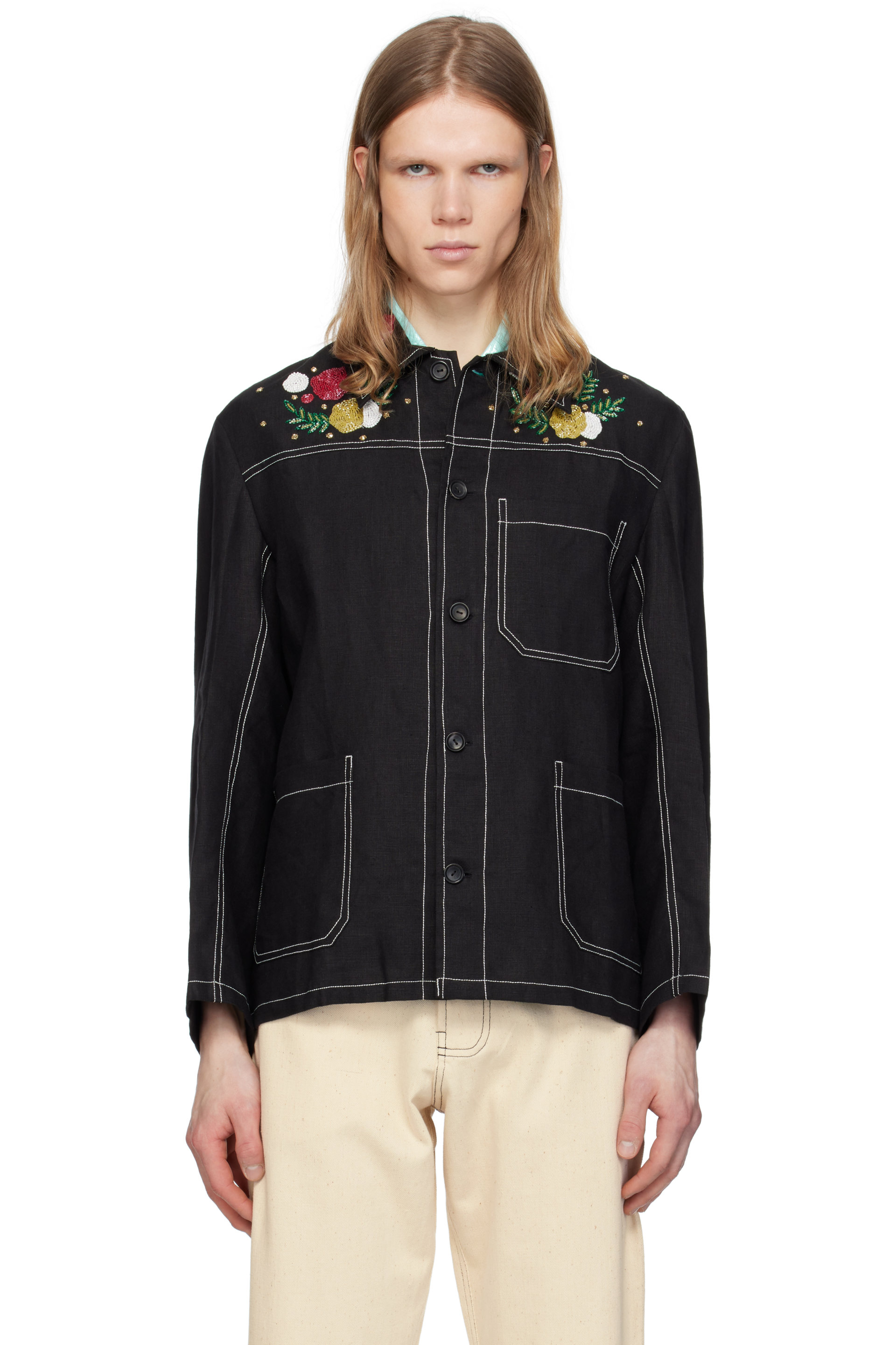 HARAGO - Black Beadwork Double Stitch Jacket