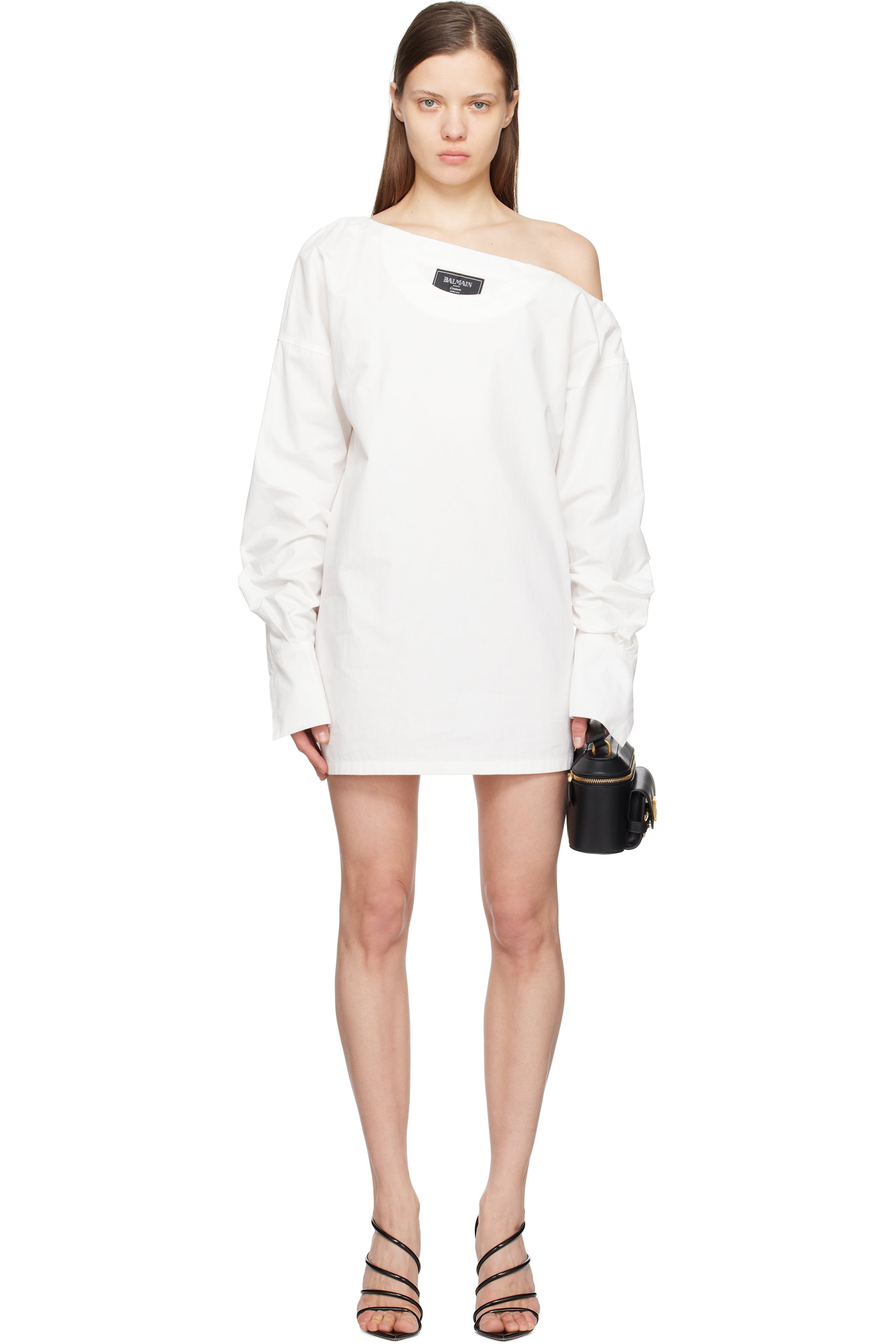 Balmain - Robe chemise courte asymétrique blanche à encolure ouverte
