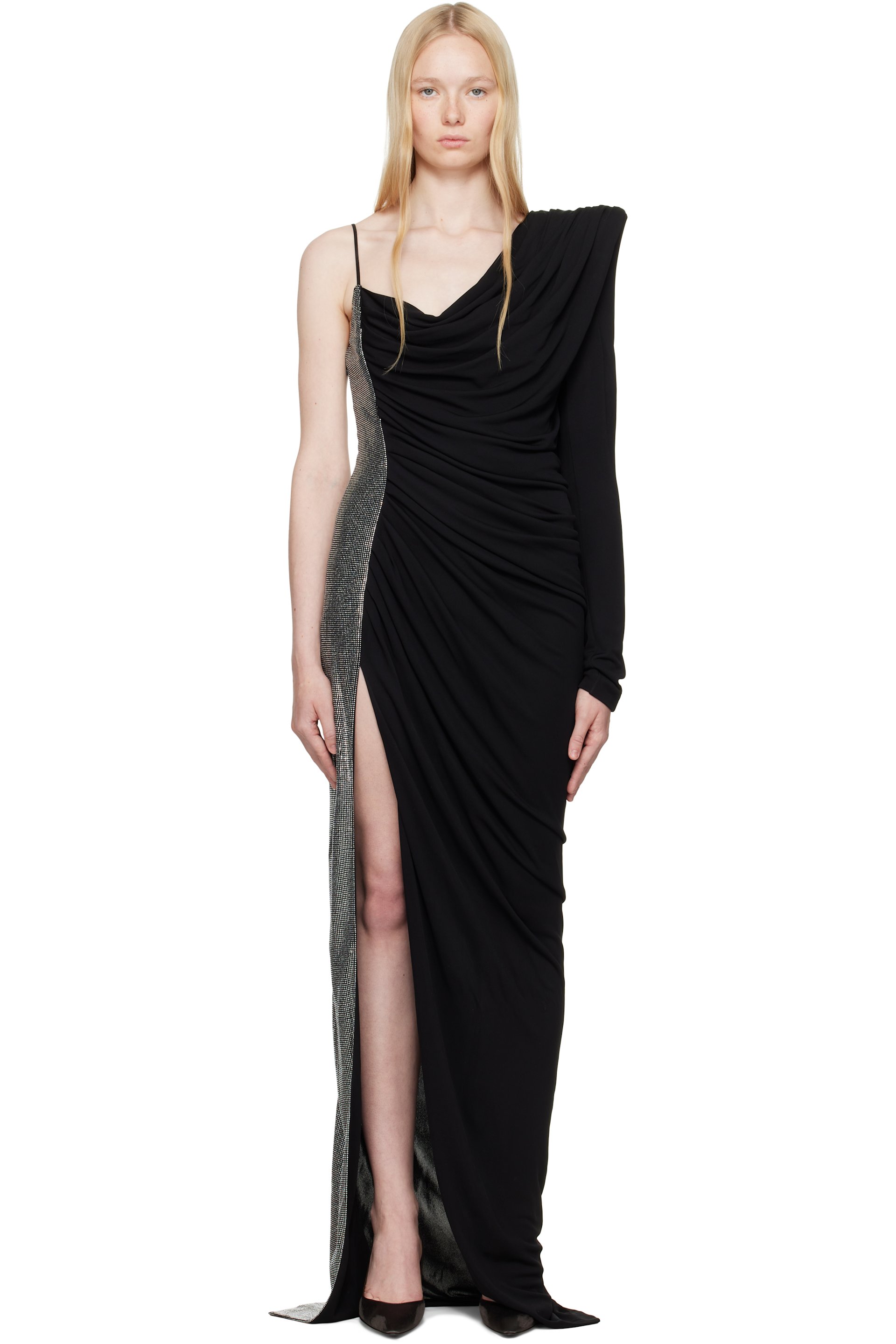 Balmain - Robe longue asymétrique noire à assemblage drapé