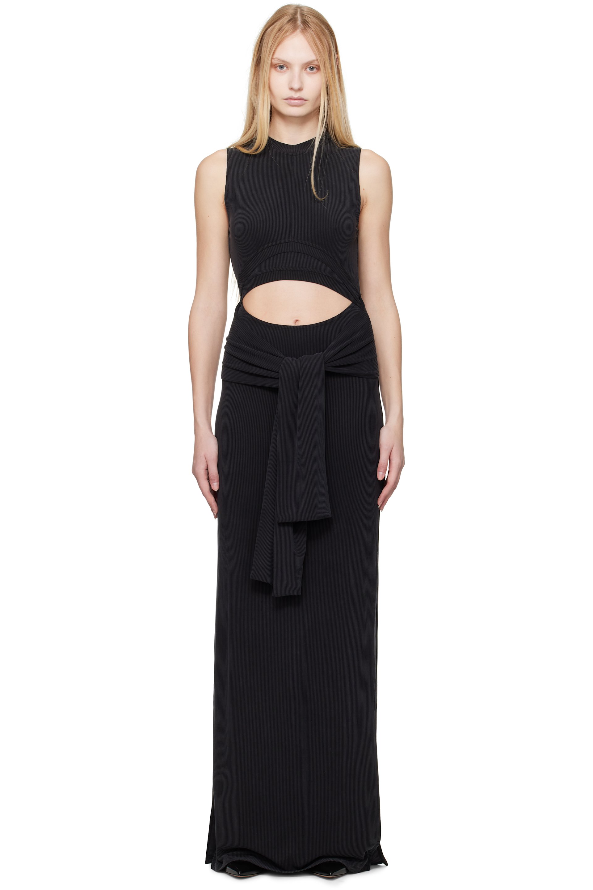 Balmain - Robe longue noire à nœud et à découpe