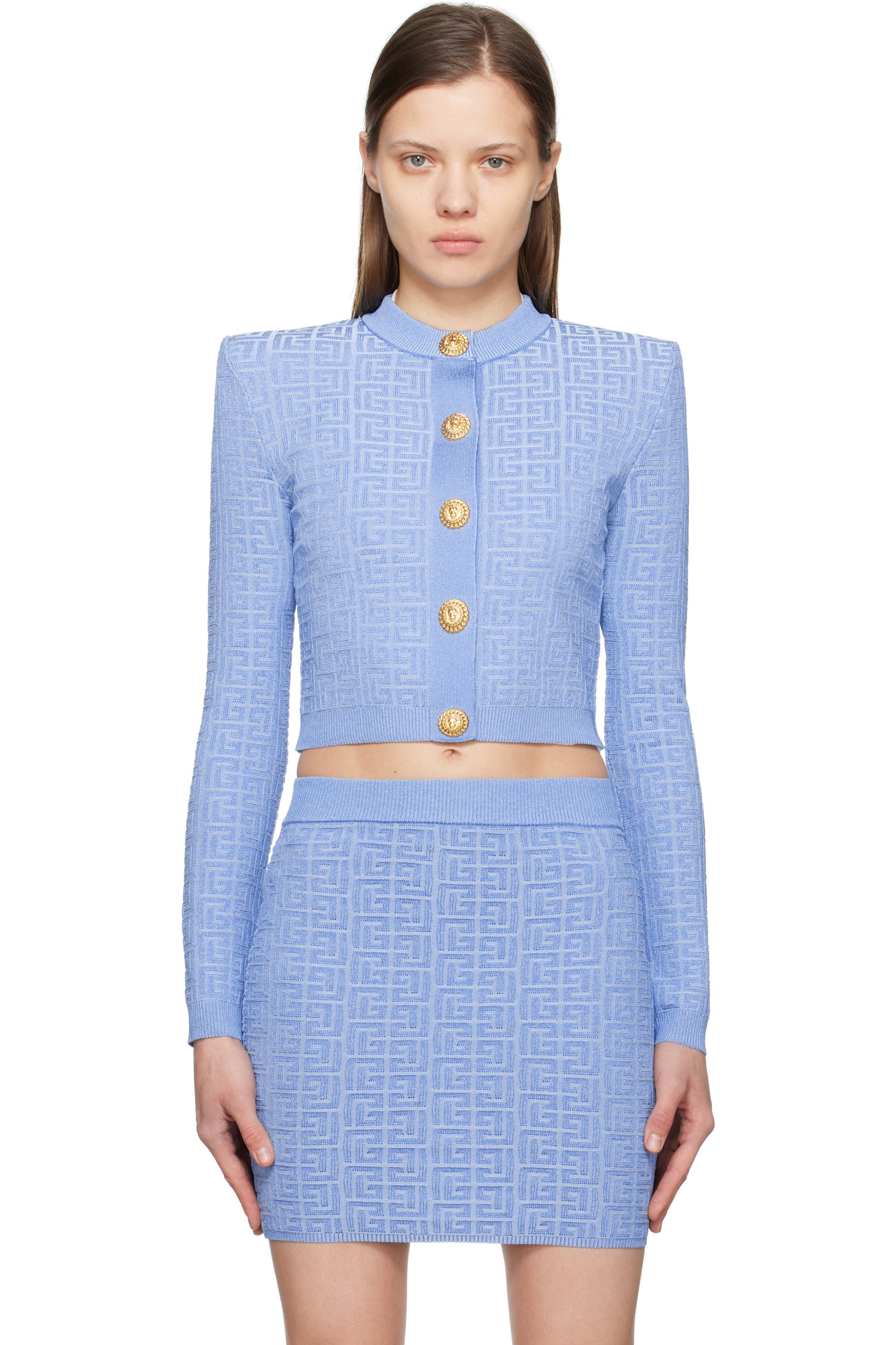 BALMAIN - Blue PB Labyrinth Knit Cardigan