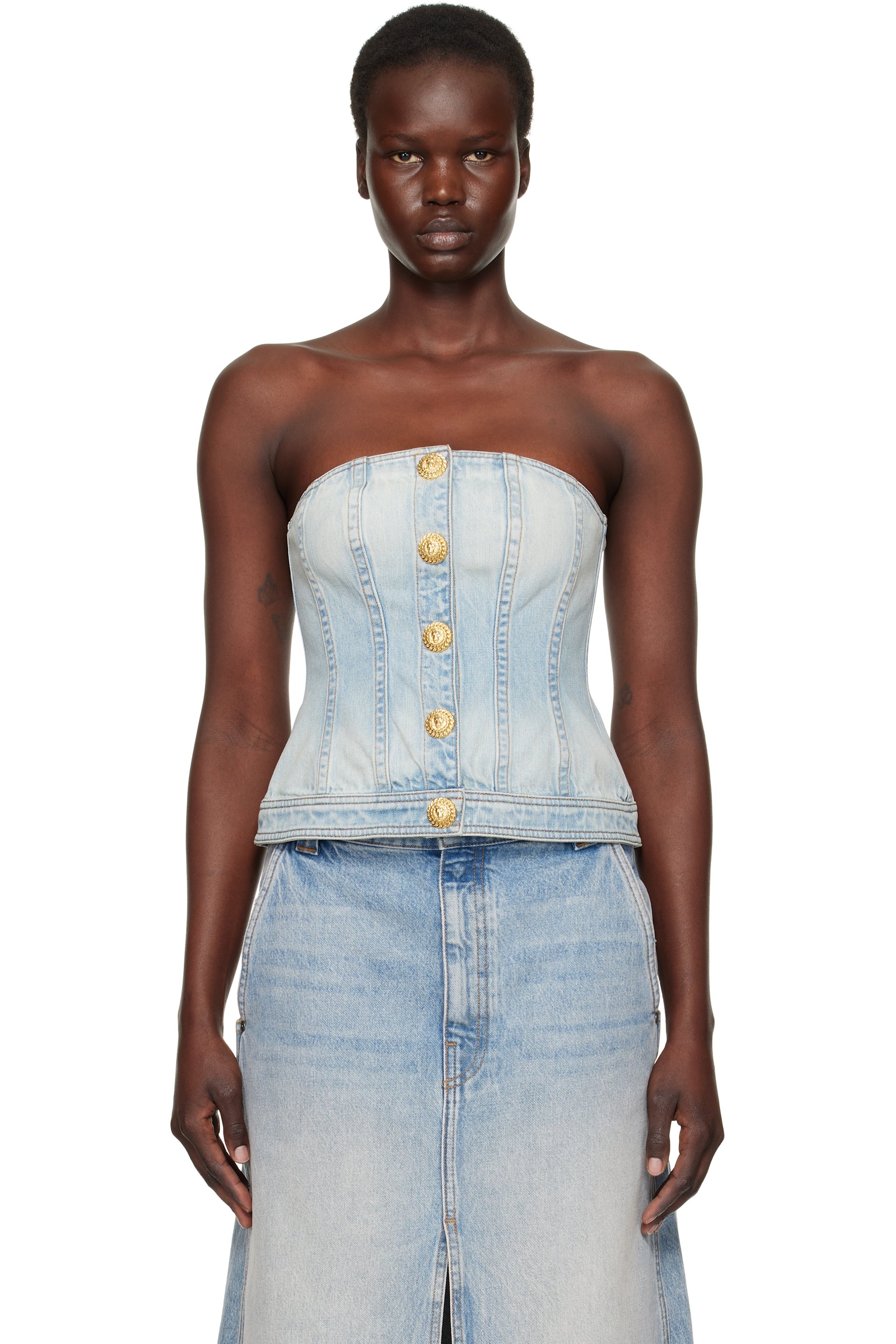 Balmain - Haut de style corset bleu en denim à boutons