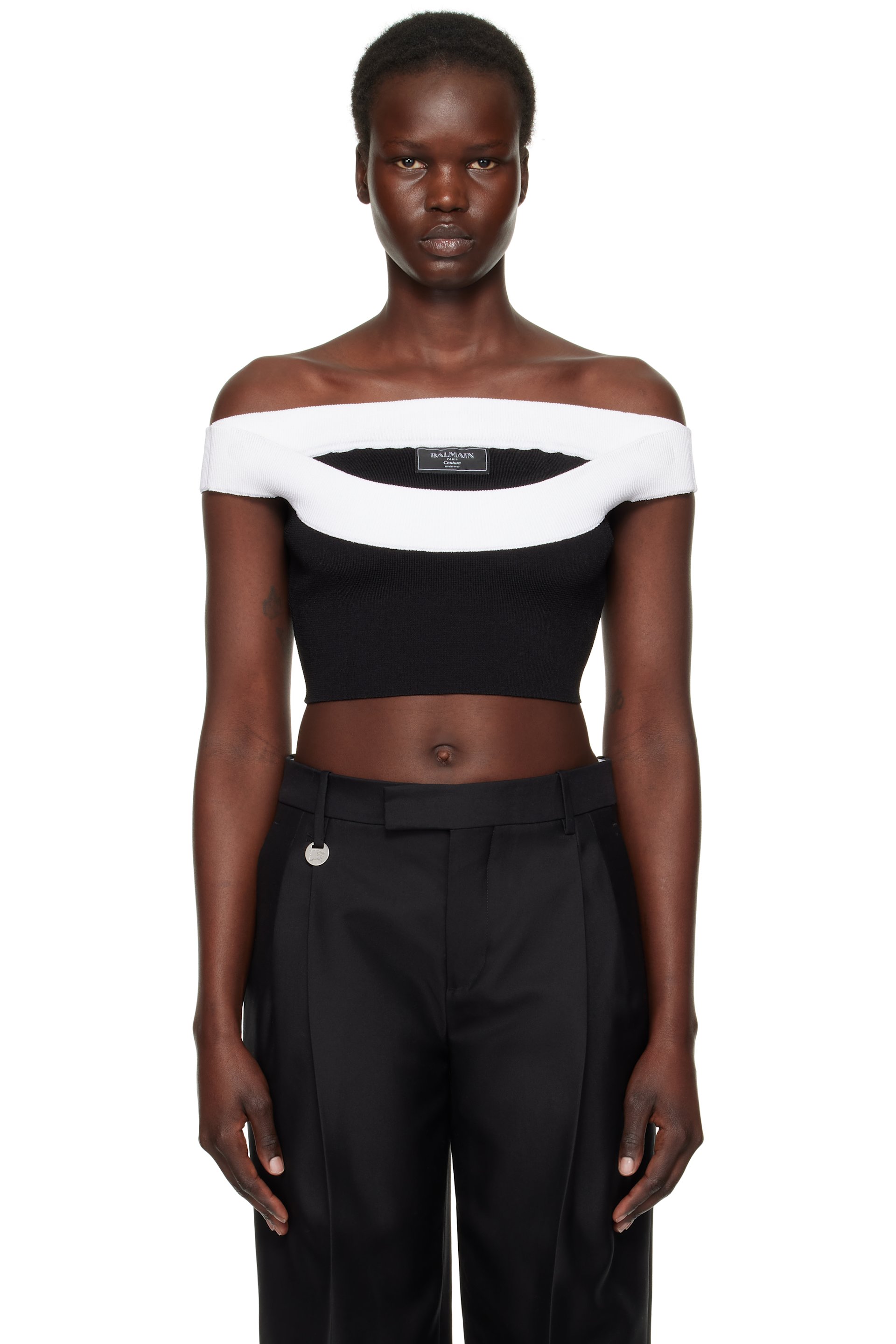 Balmain - Haut écourté noir et blanc en tricot
